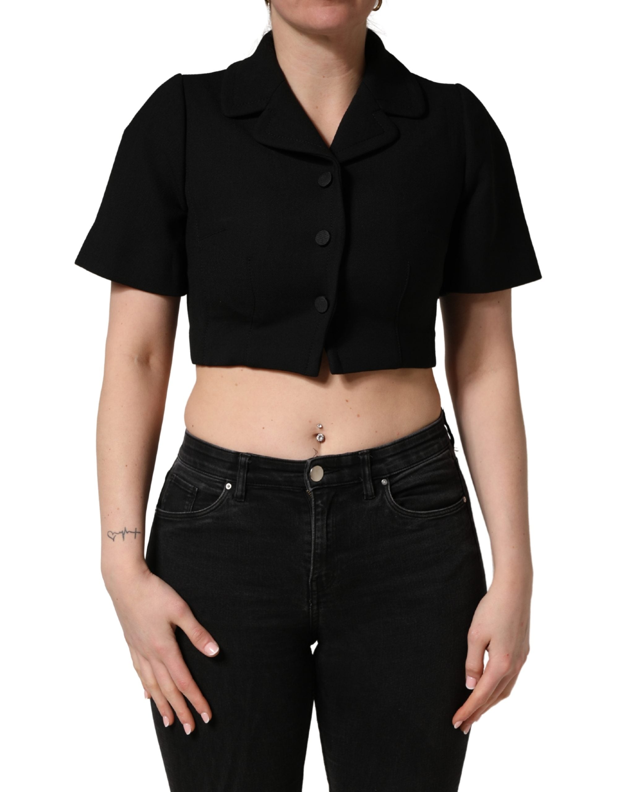 Dolce & Gabbana Black Collared Short Sleeves Cropped Blouse Women's Top