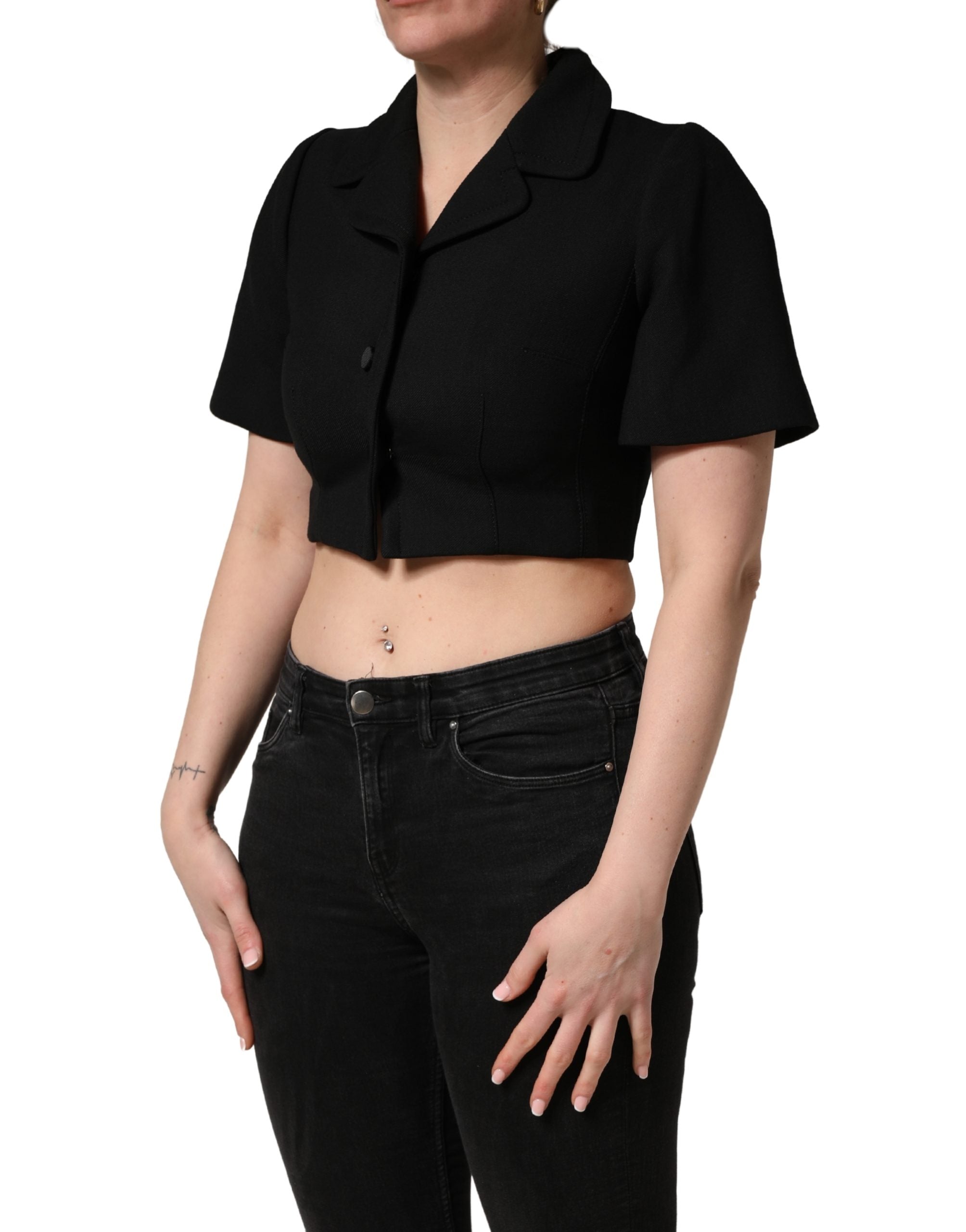 Dolce & Gabbana Black Collared Short Sleeves Cropped Blouse Women's Top