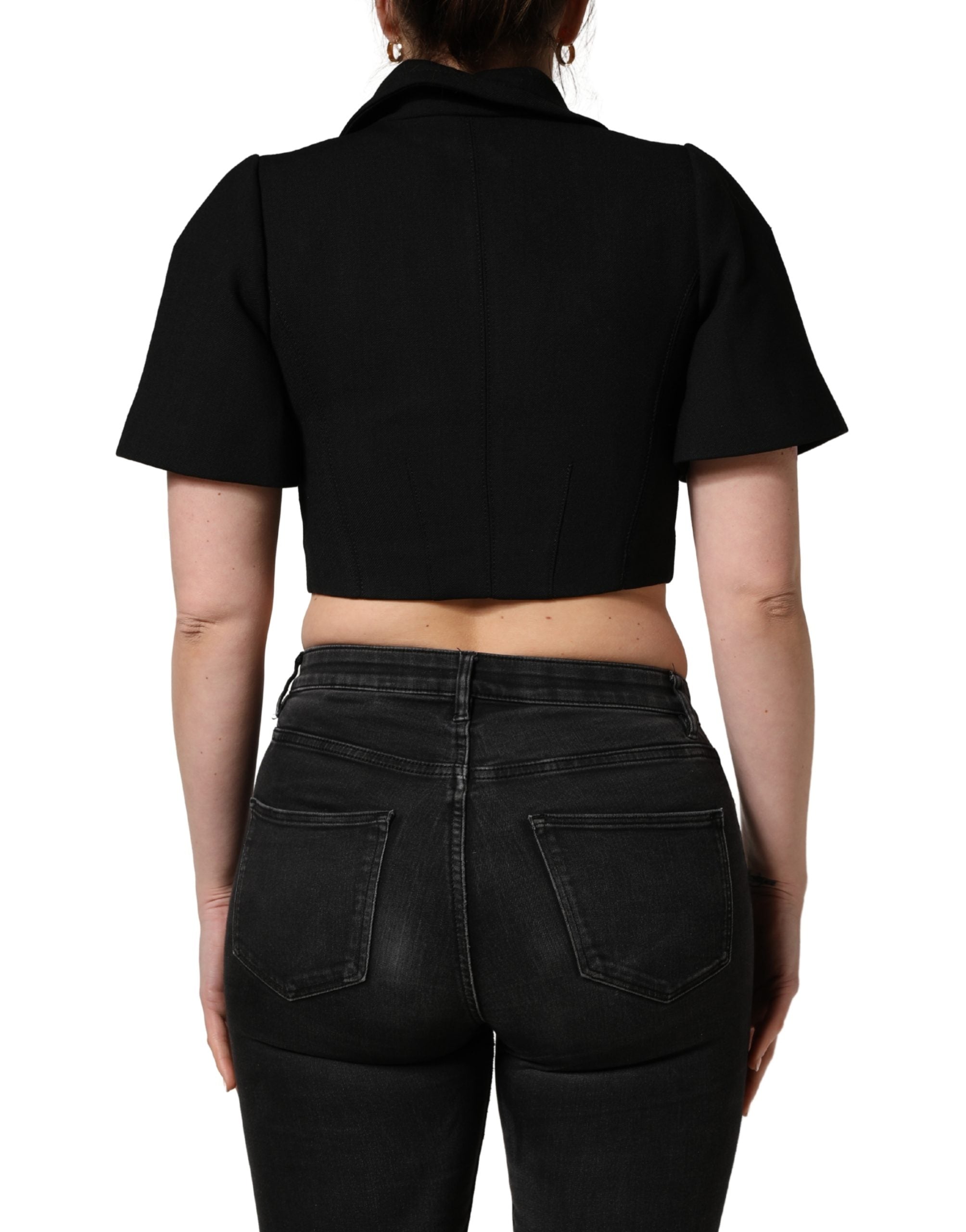 Dolce & Gabbana Black Collared Short Sleeves Cropped Blouse Women's Top