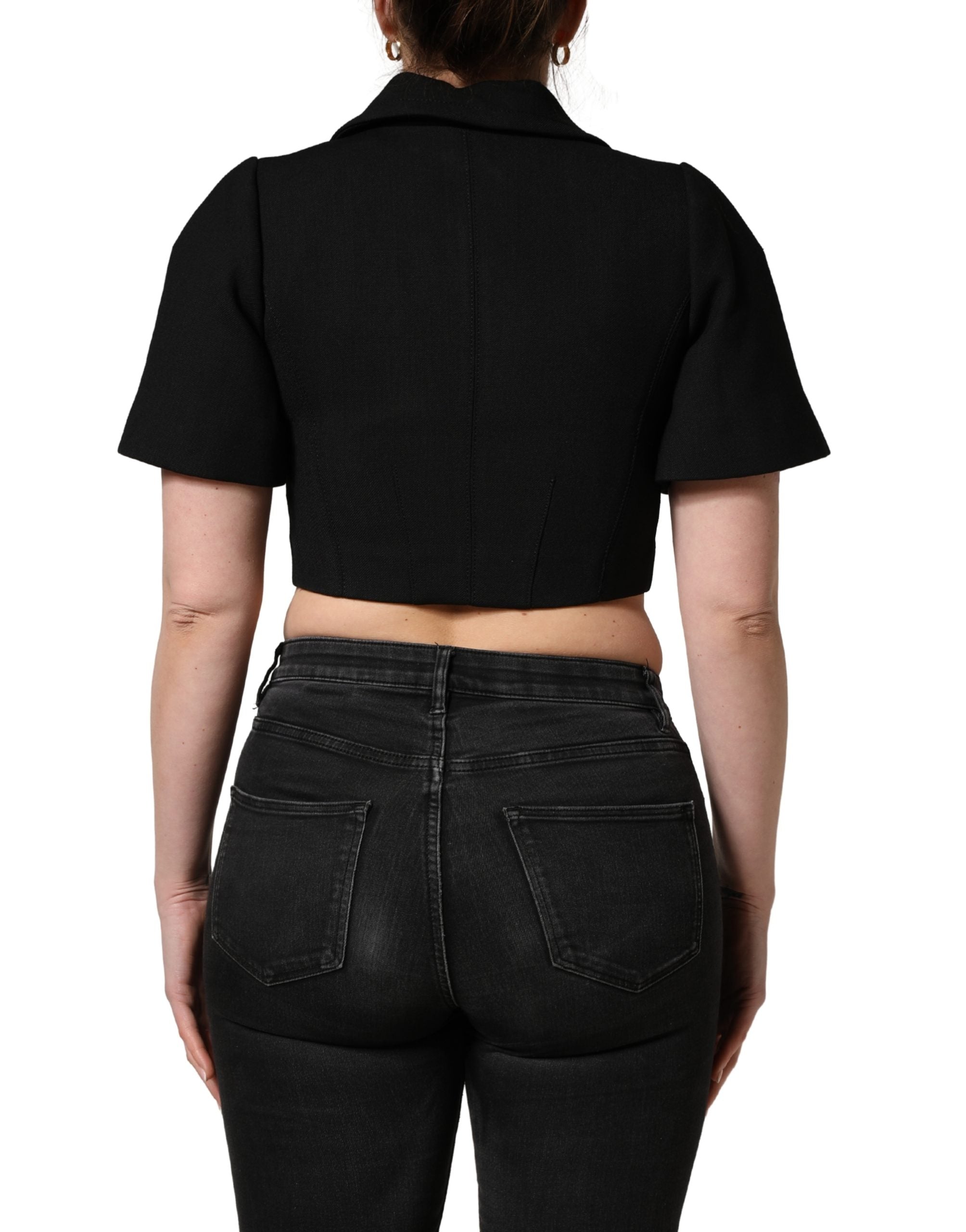 Dolce & Gabbana Black Collared Short Sleeves Cropped Blouse Women's Top