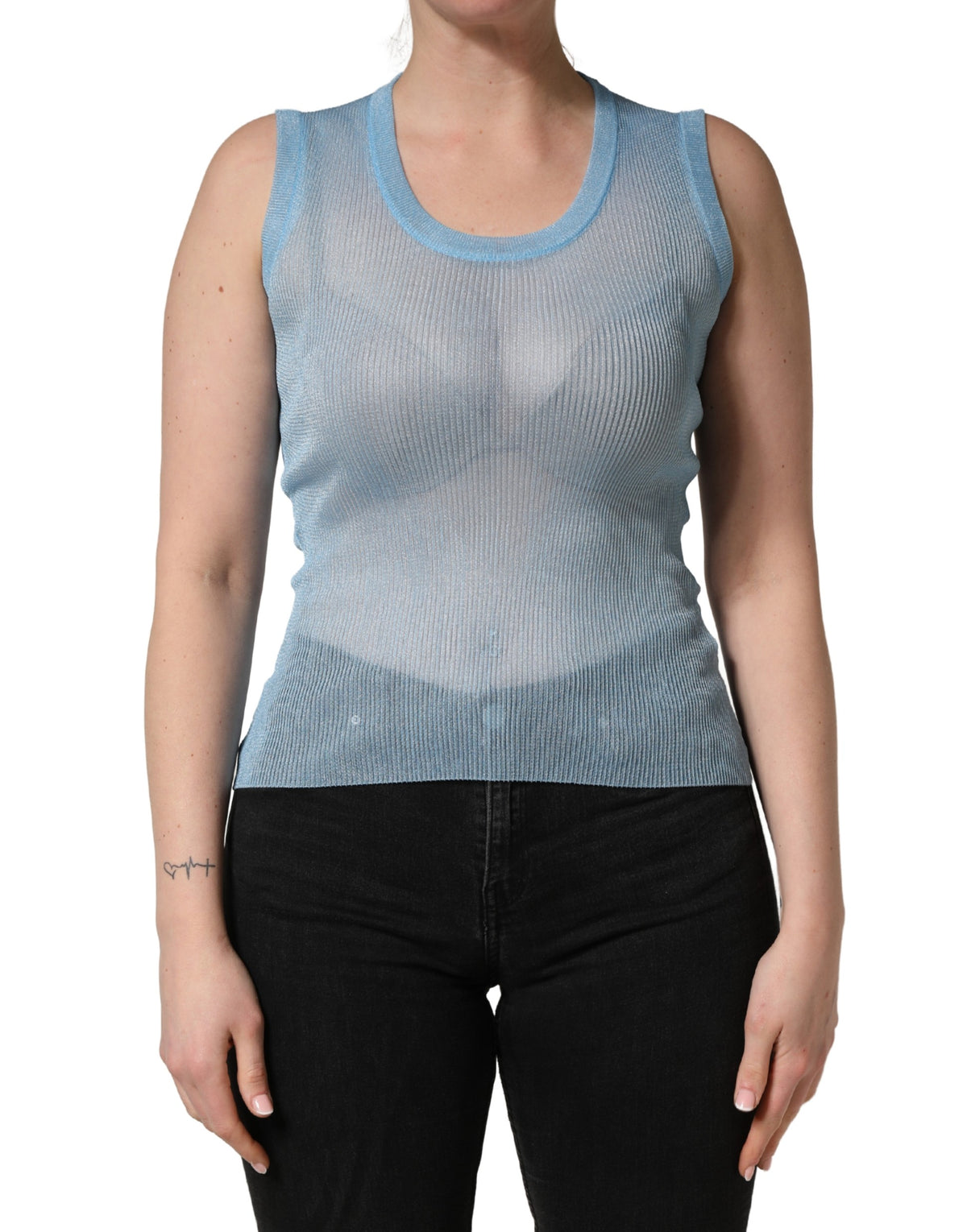 Dolce & Gabbana Blue Semi Sheer Ribbed Sleeveless Tank Women's Top