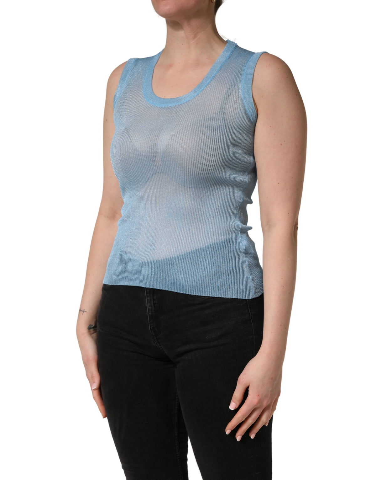 Dolce & Gabbana Blue Semi Sheer Ribbed Sleeveless Tank Women's Top