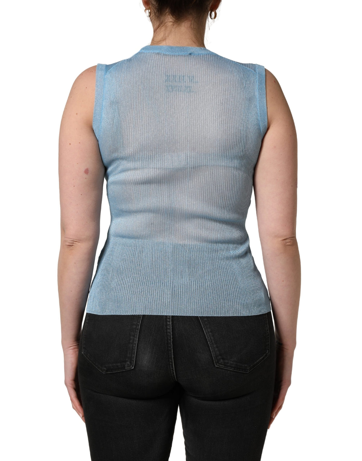 Dolce & Gabbana Blue Semi Sheer Ribbed Sleeveless Tank Women's Top
