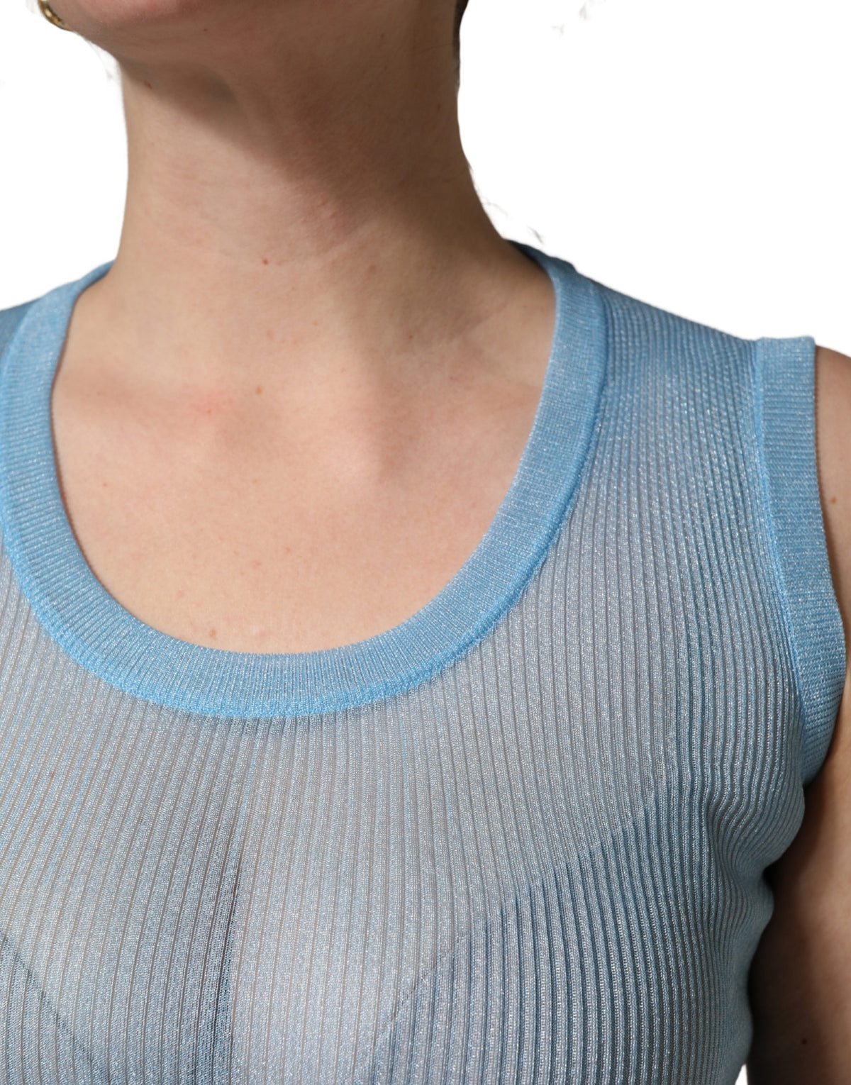 Dolce & Gabbana Blue Semi Sheer Ribbed Sleeveless Tank Women's Top