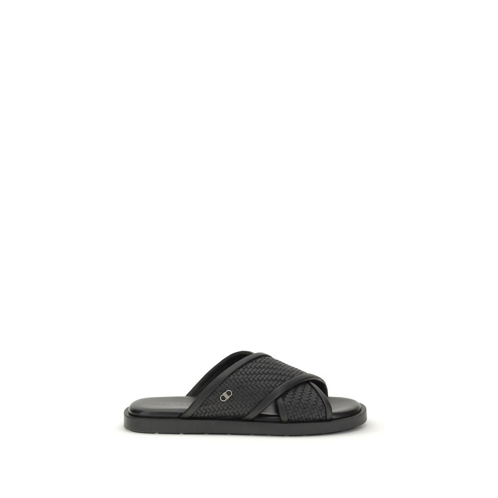 Ferragamo Black Calf Leather Bos Taurus Flat Men's Sandals