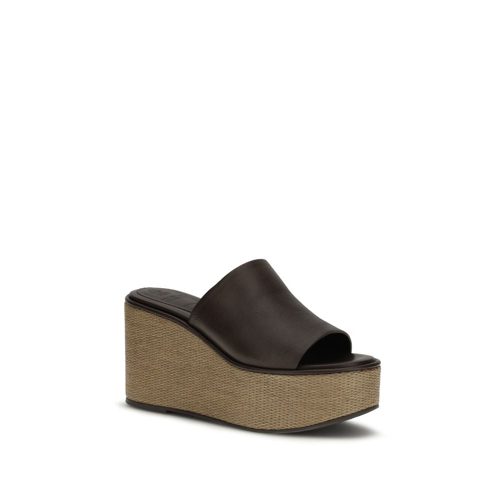 Brunello Cucinelli Brown Calf Leather Bos Taurus Platform Women's Sandals