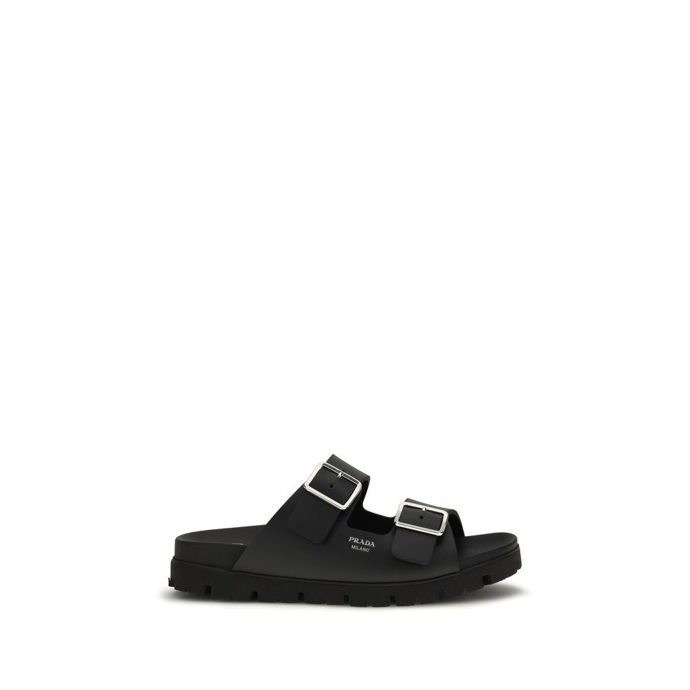 Prada Black Calf Leather Bos Taurus Flat Men's Sandals