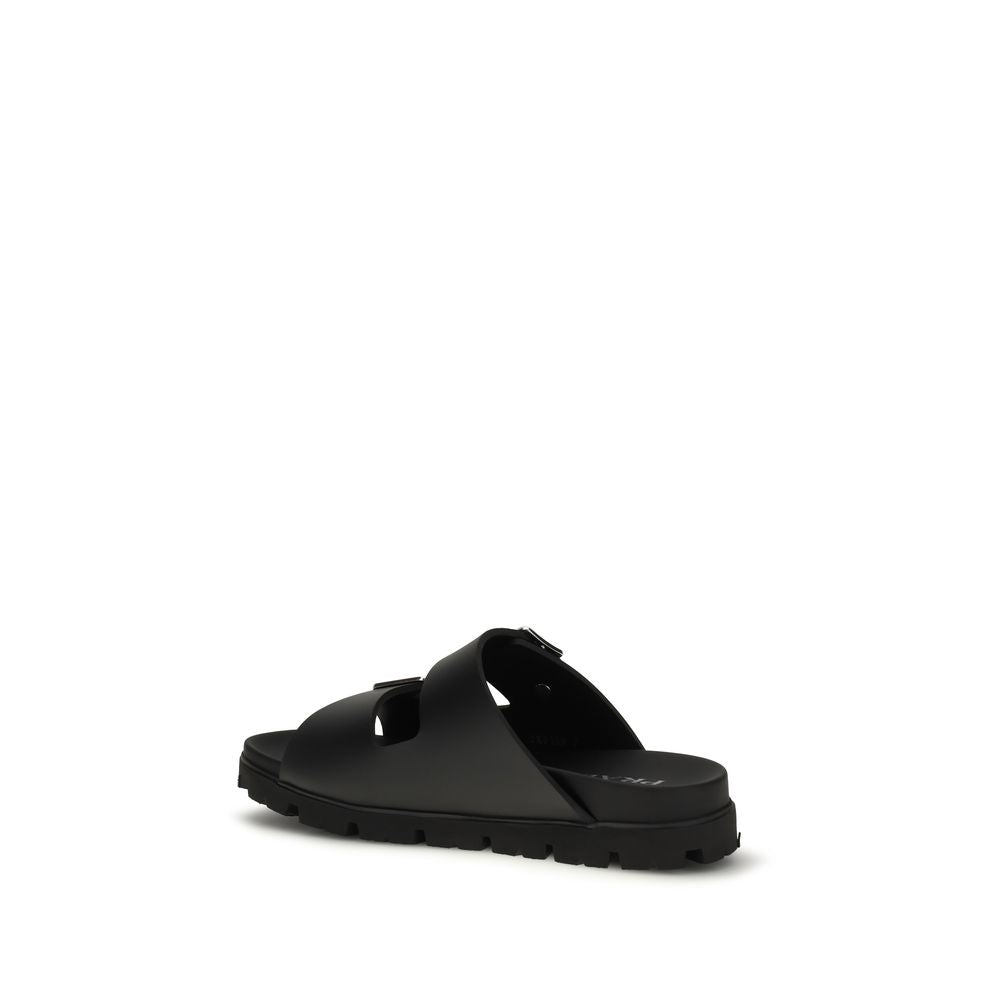 Prada Black Calf Leather Bos Taurus Flat Men's Sandals