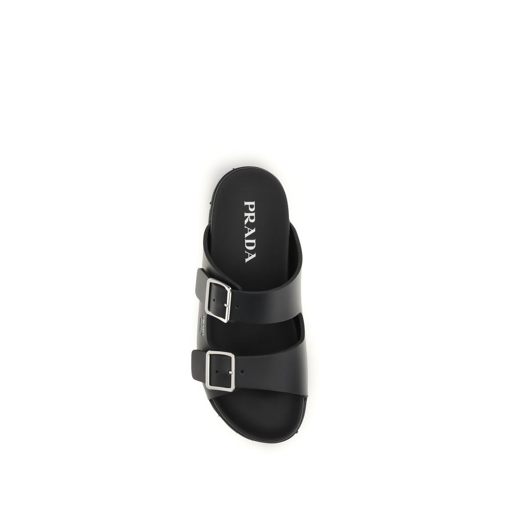 Prada Black Calf Leather Bos Taurus Flat Men's Sandals