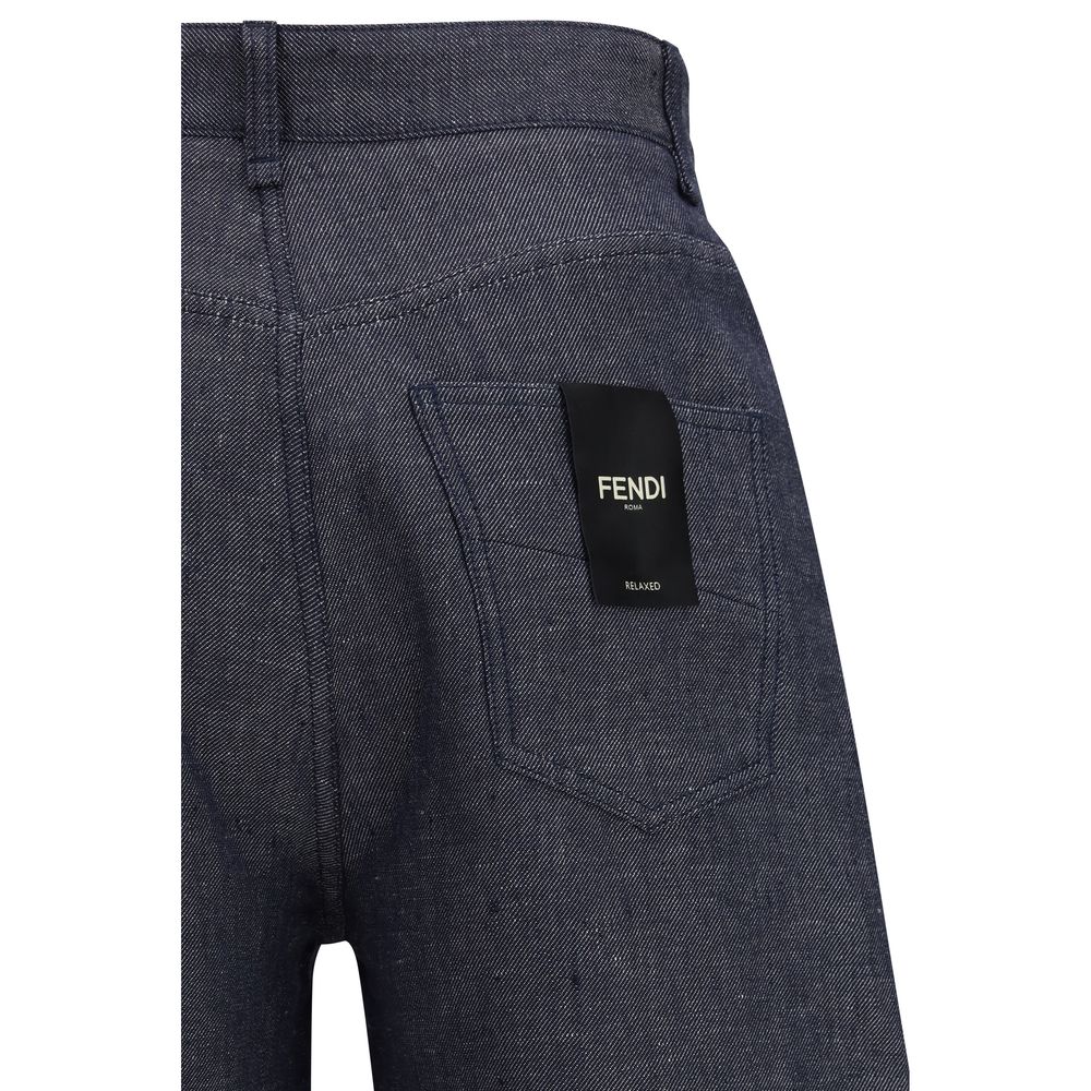 Fendi Blue Linen Relaxed Fit Men's Jeans
