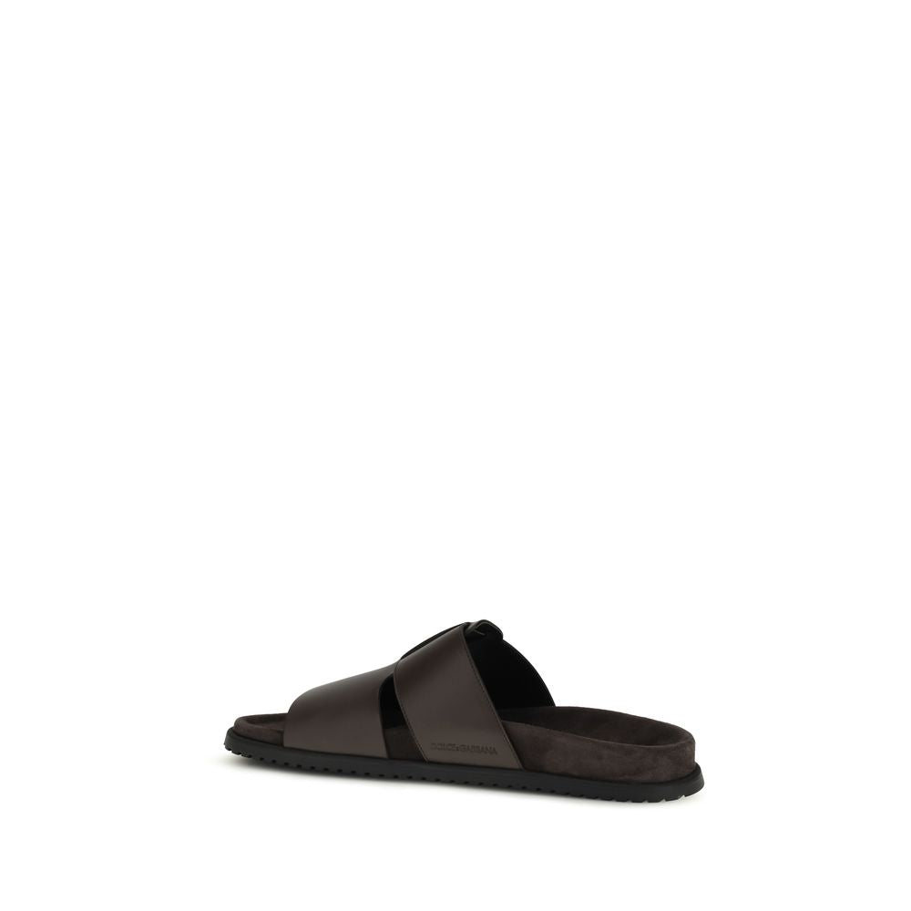 Dolce & Gabbana Brown Calf Leather Bos Taurus Flat Men's Sandals