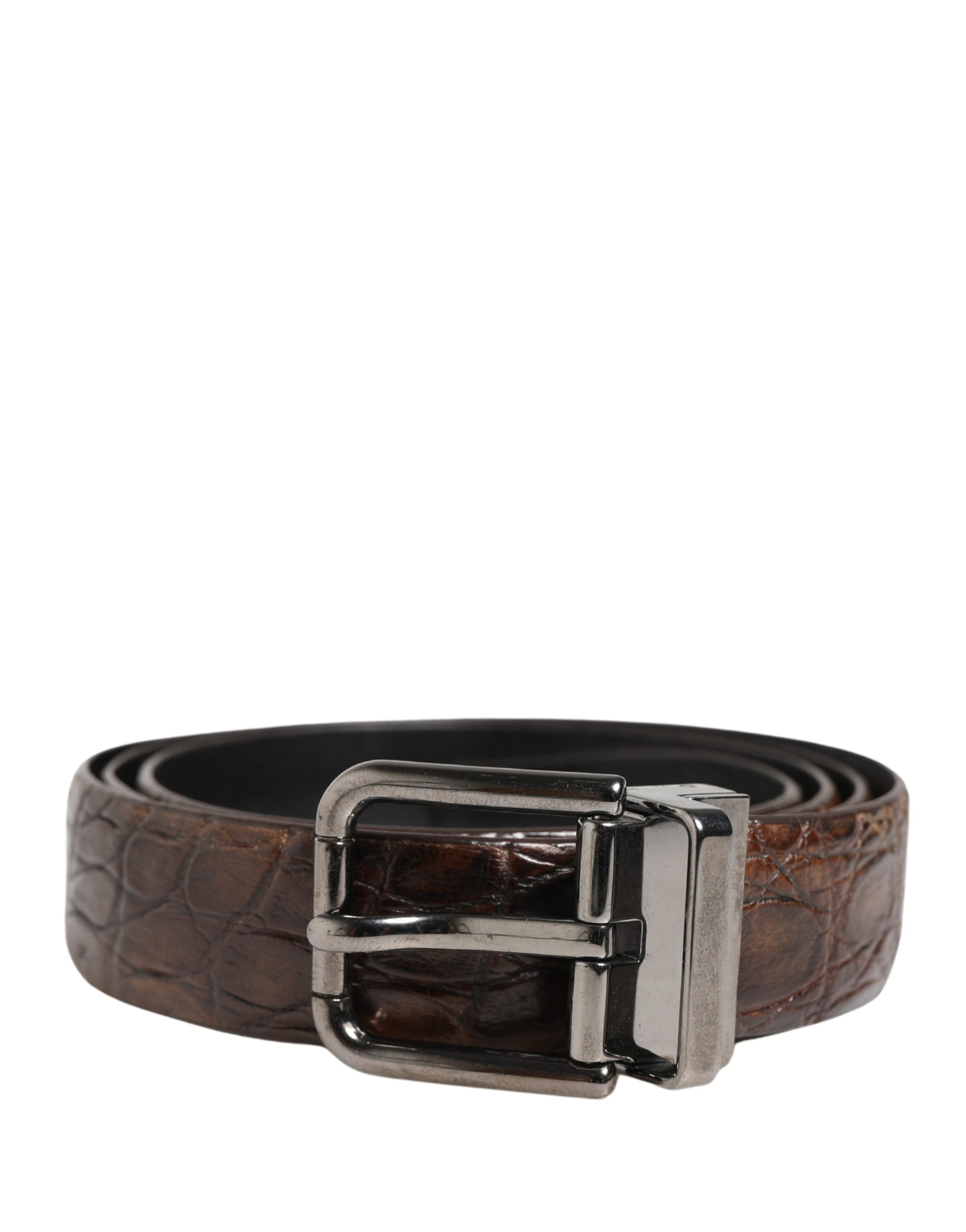 Dolce & Gabbana Brown Leather Silver Tone Metal Buckle Men's Belt