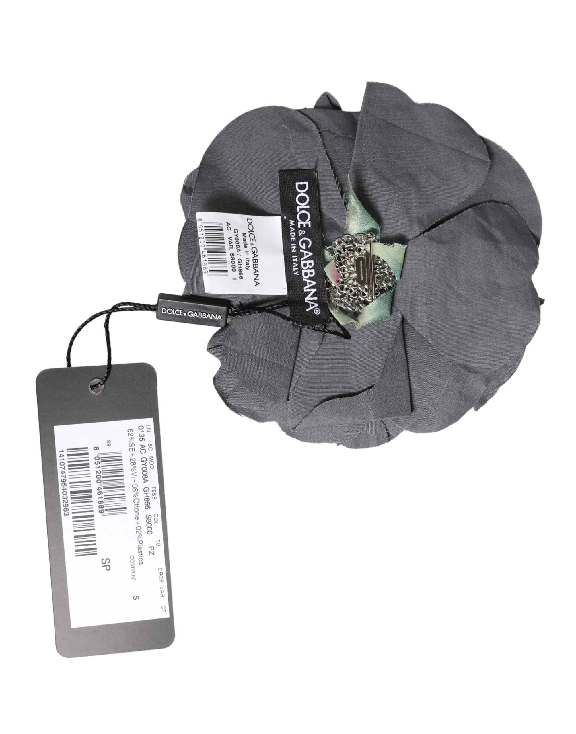 Dolce & Gabbana Gray Floral Motif Silk Blend Poplin Fabric Bar Pin Women's Brooch