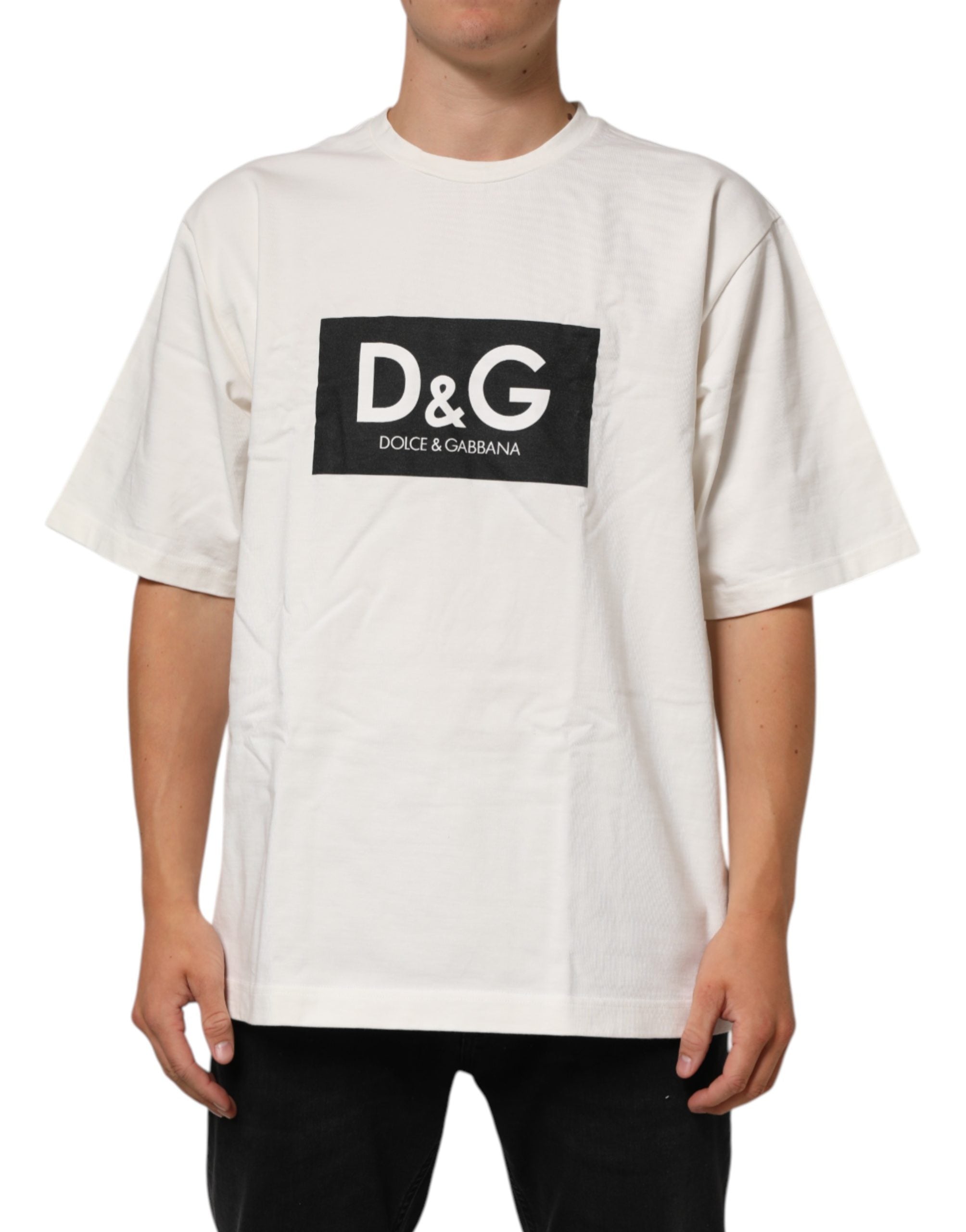 Dolce & Gabbana White Cotton Logo Print Men Crewneck Men's T-shirt (Pre-Owned)