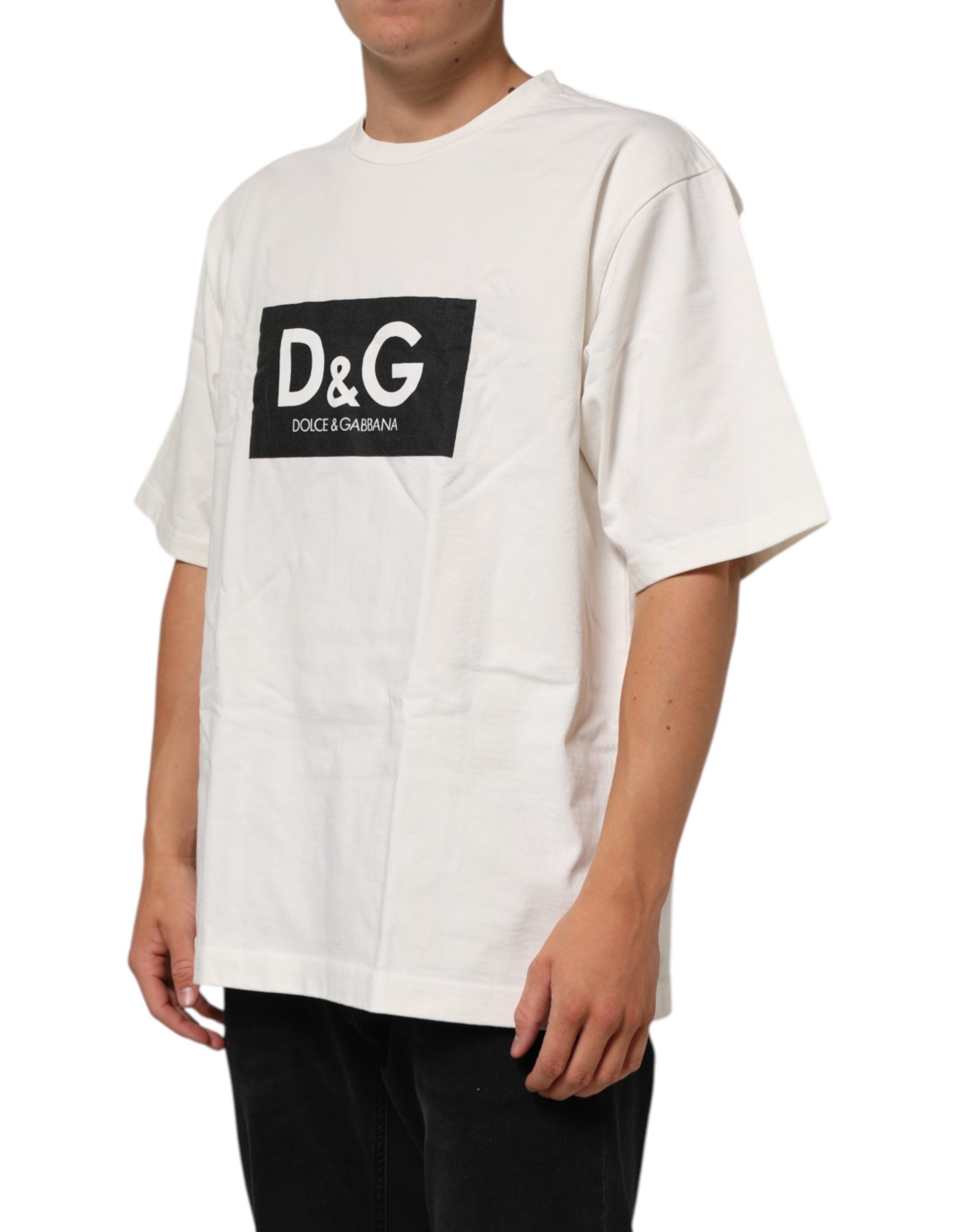 Dolce & Gabbana White Cotton Logo Print Men Crewneck Men's T-shirt (Pre-Owned)
