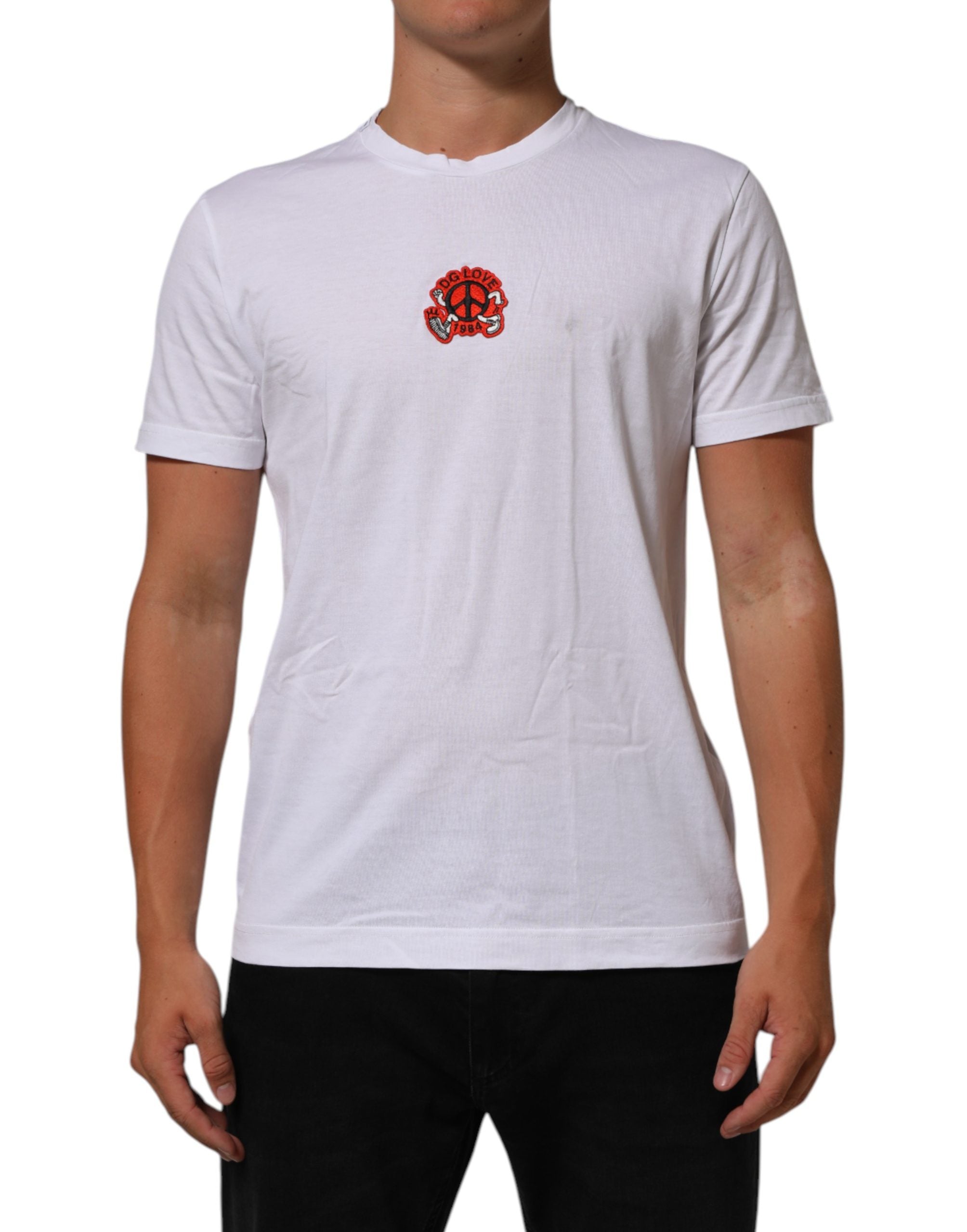 Dolce & Gabbana White Cotton DG Love Patch Crew Neck Men's T-shirt