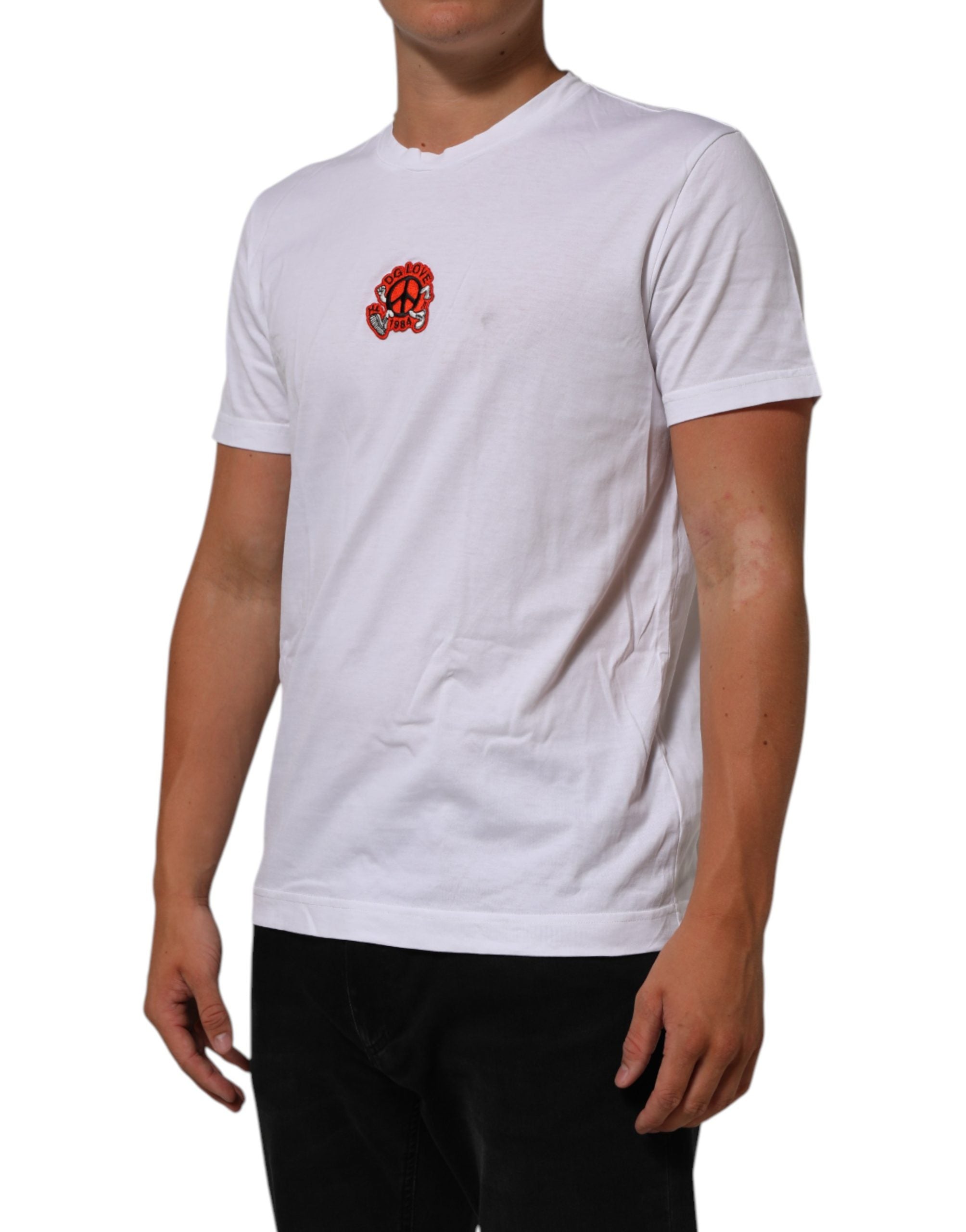 Dolce & Gabbana White Cotton DG Love Patch Crew Neck Men's T-shirt