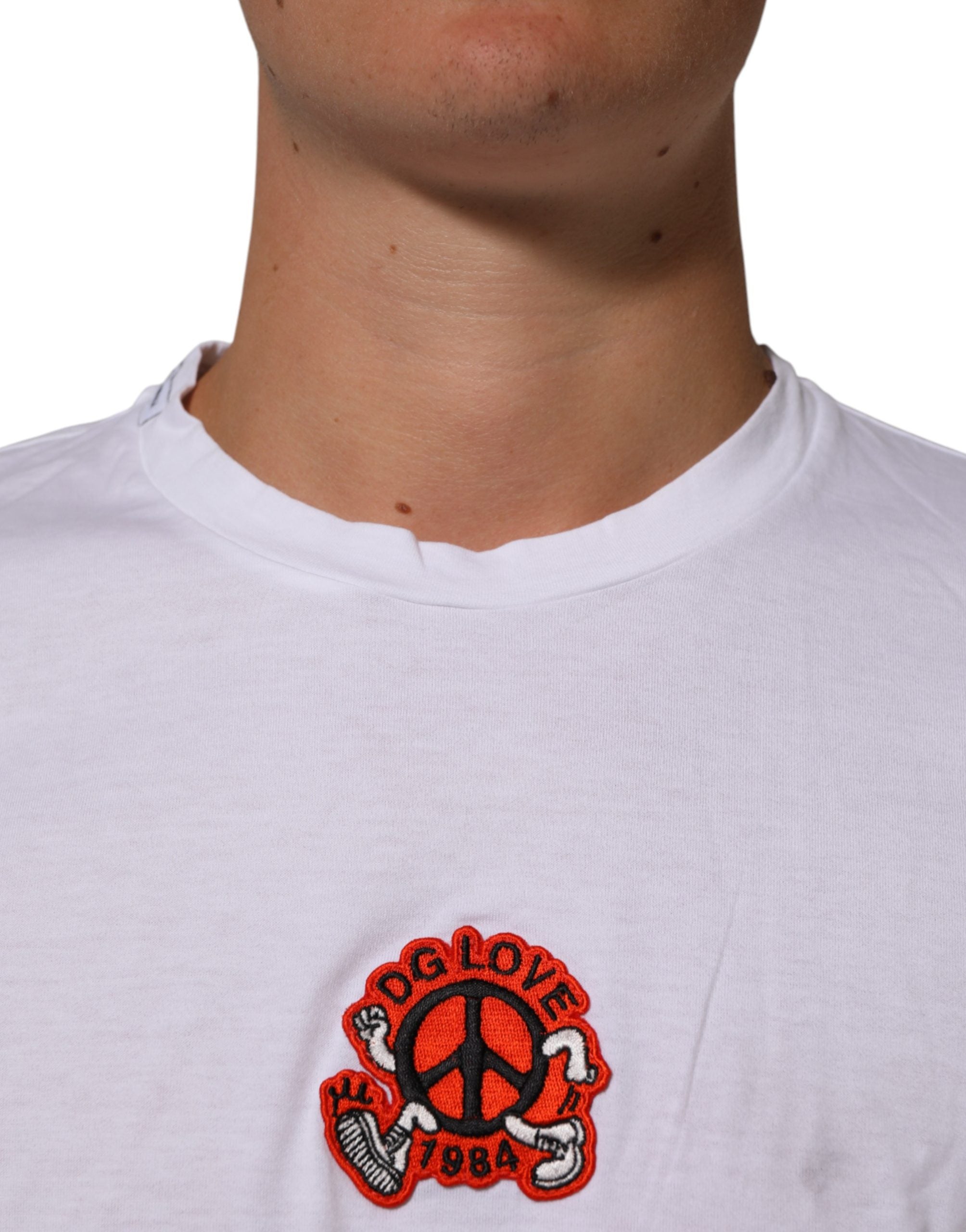 Dolce & Gabbana White Cotton DG Love Patch Crew Neck Men's T-shirt