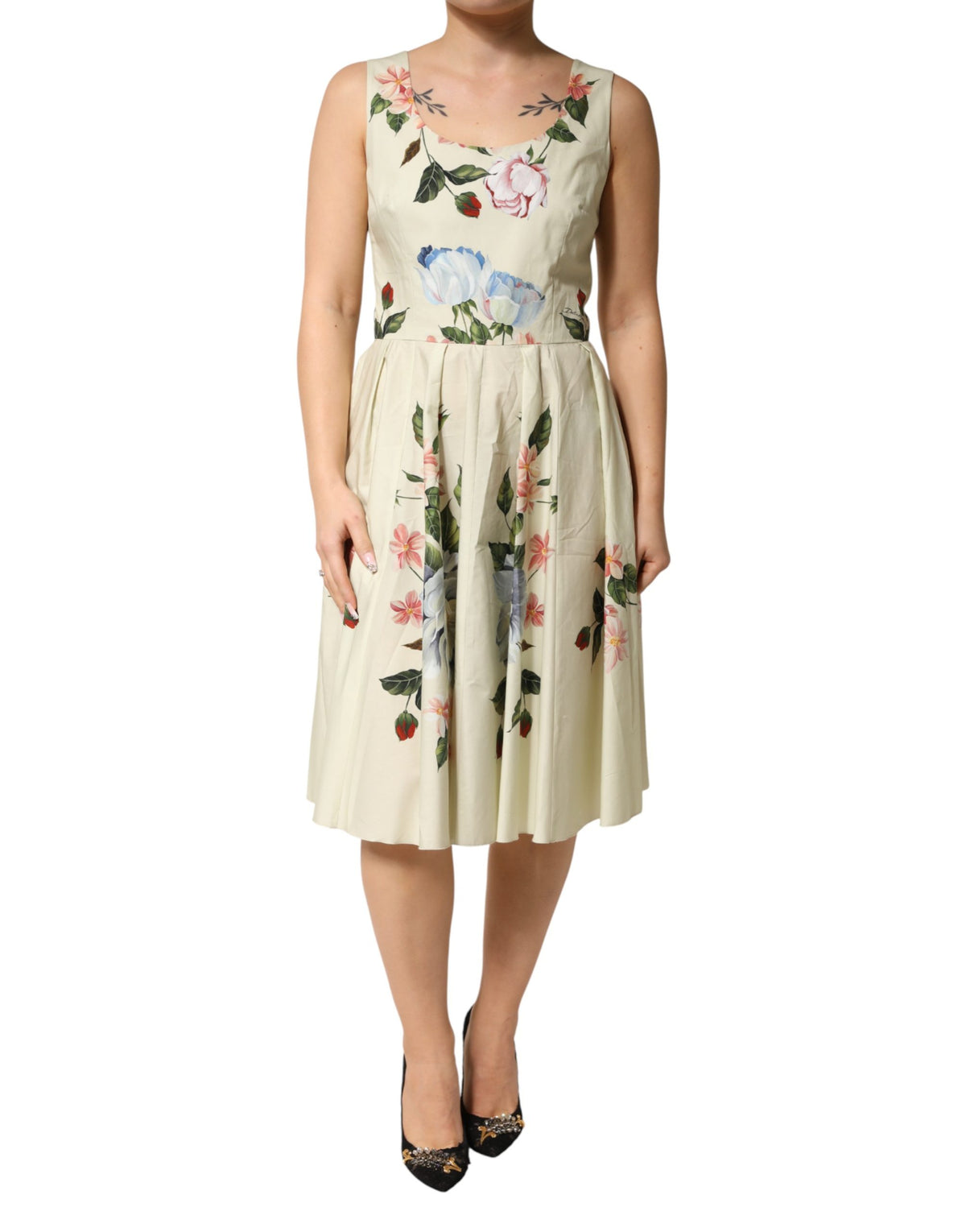 Dolce & Gabbana Beige Floral Sleeveless A-line Midi Women's Dress (Pre-Owned)