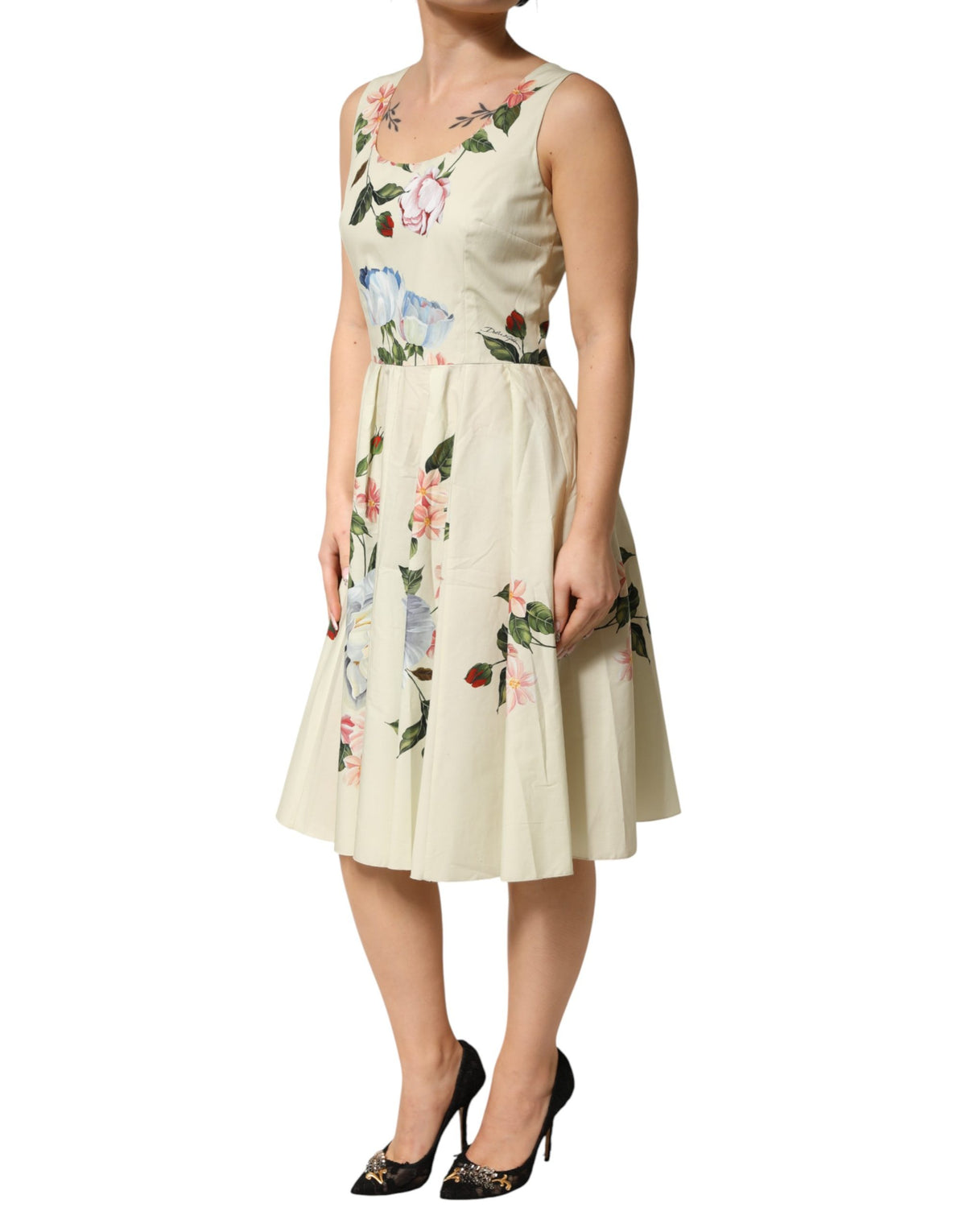 Dolce & Gabbana Beige Floral Sleeveless A-line Midi Women's Dress (Pre-Owned)
