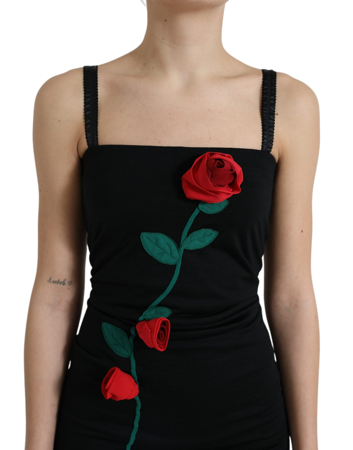 Dolce & Gabbana Black Wool Sleeveless Rose Applique Women's Dress (Pre-Owned)