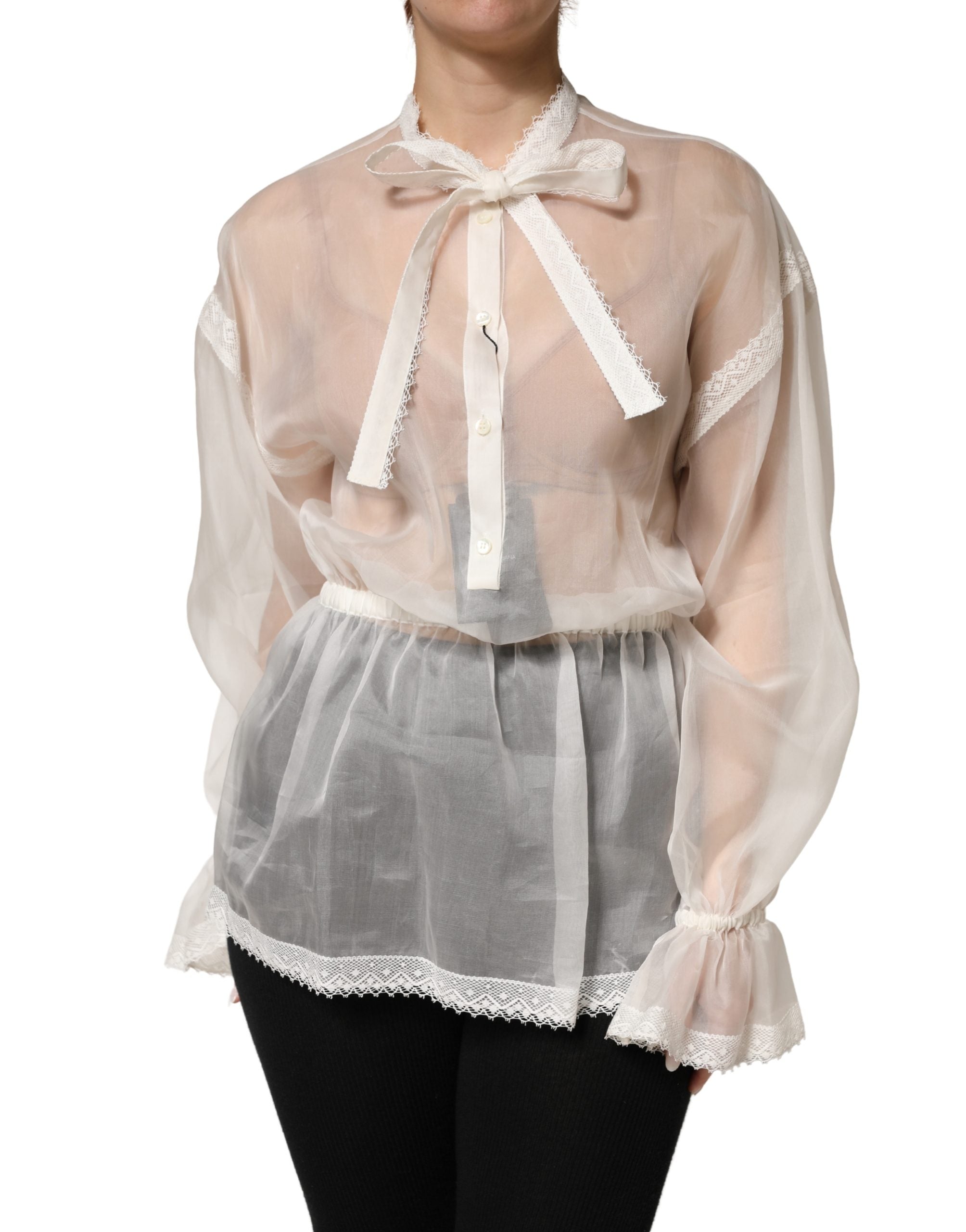 Dolce & Gabbana White Silk Cotton Ascot Collar Blouse Women's Top (Pre-Owned)