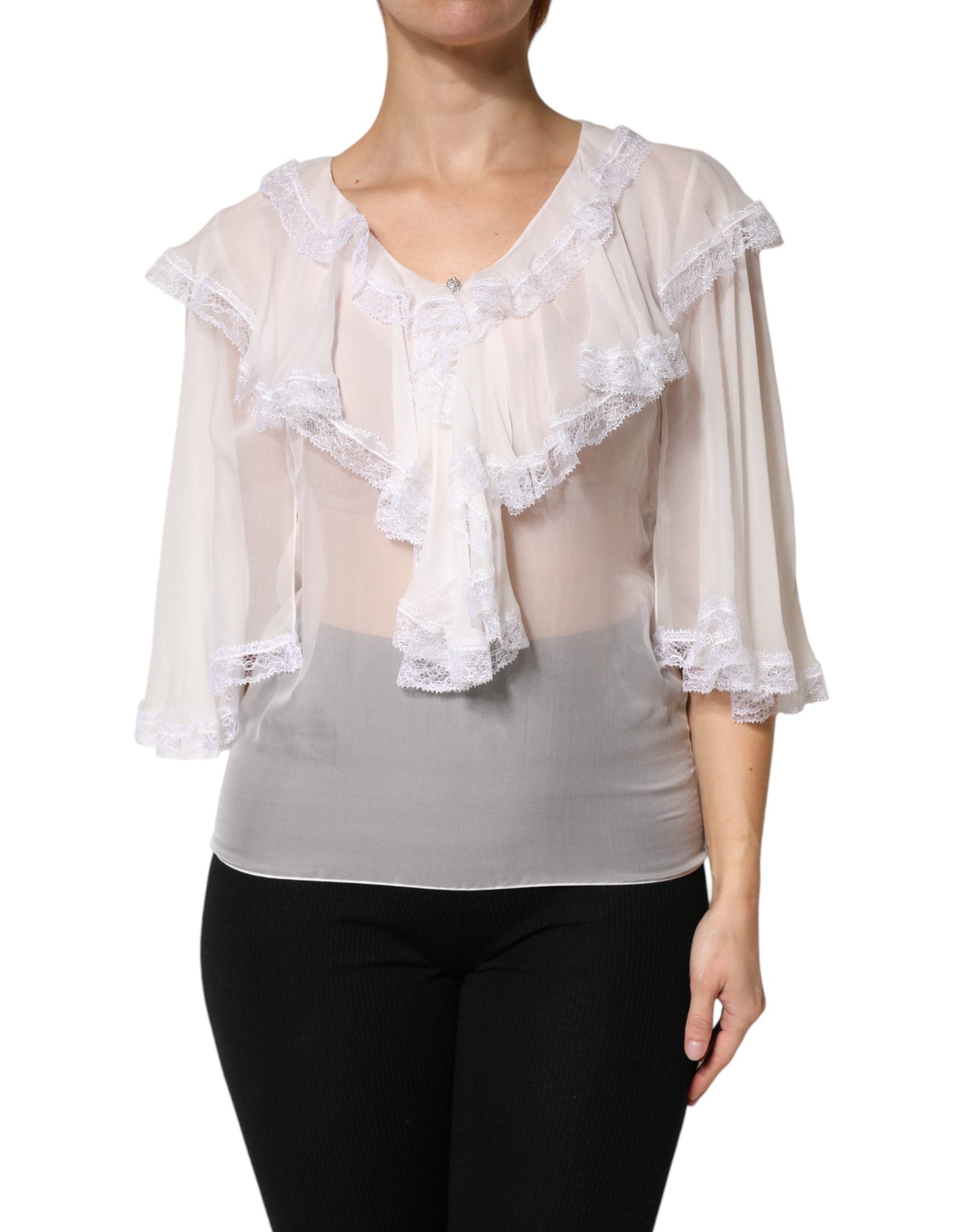 Dolce & Gabbana White LongSleeve Lace Trim Ruffled Blouse Women's Top