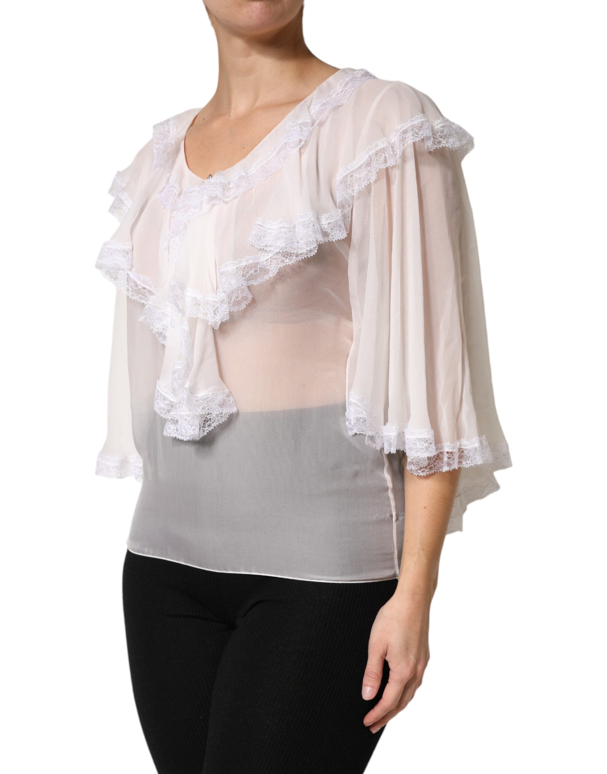 Dolce & Gabbana White LongSleeve Lace Trim Ruffled Blouse Women's Top