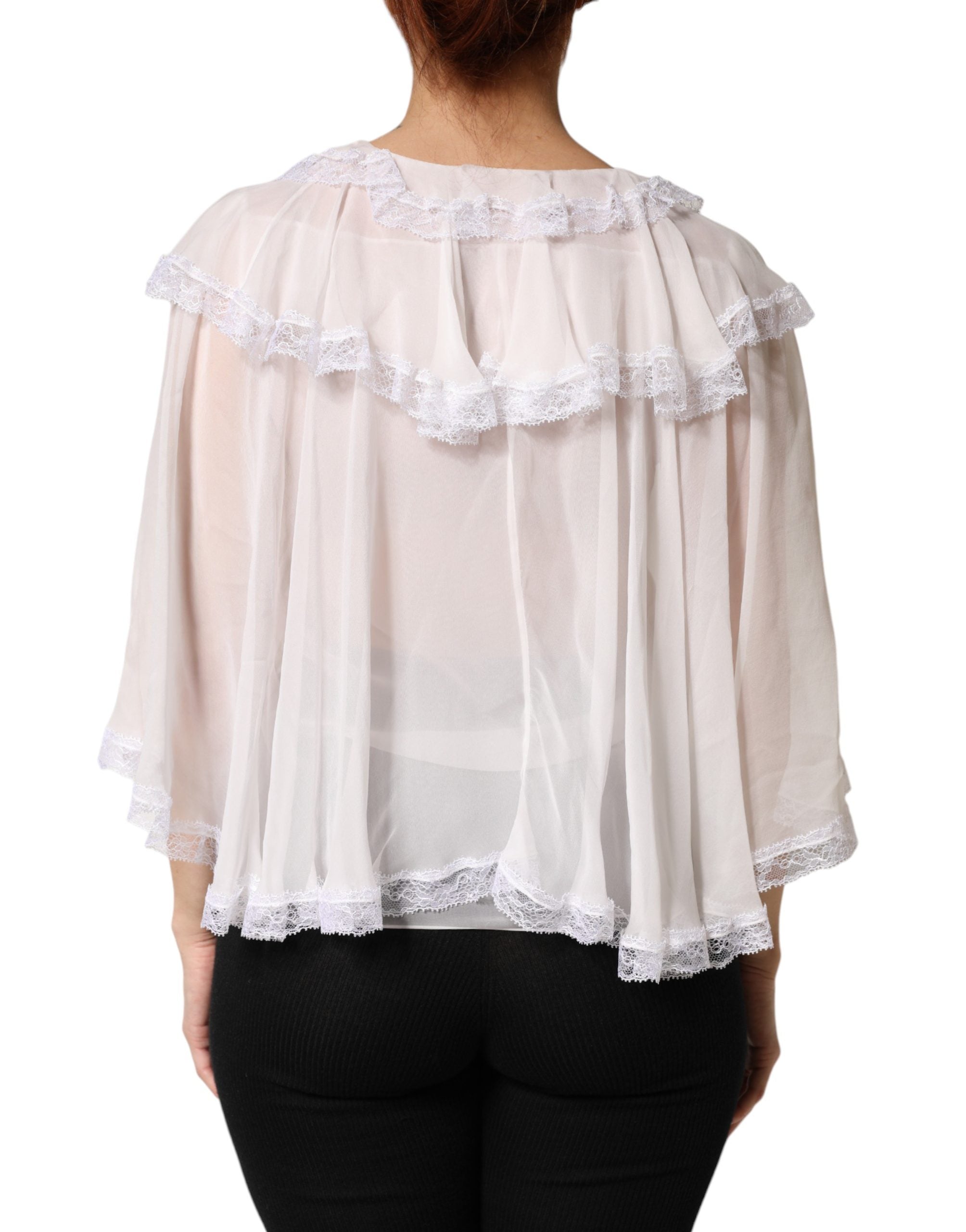 Dolce & Gabbana White LongSleeve Lace Trim Ruffled Blouse Women's Top