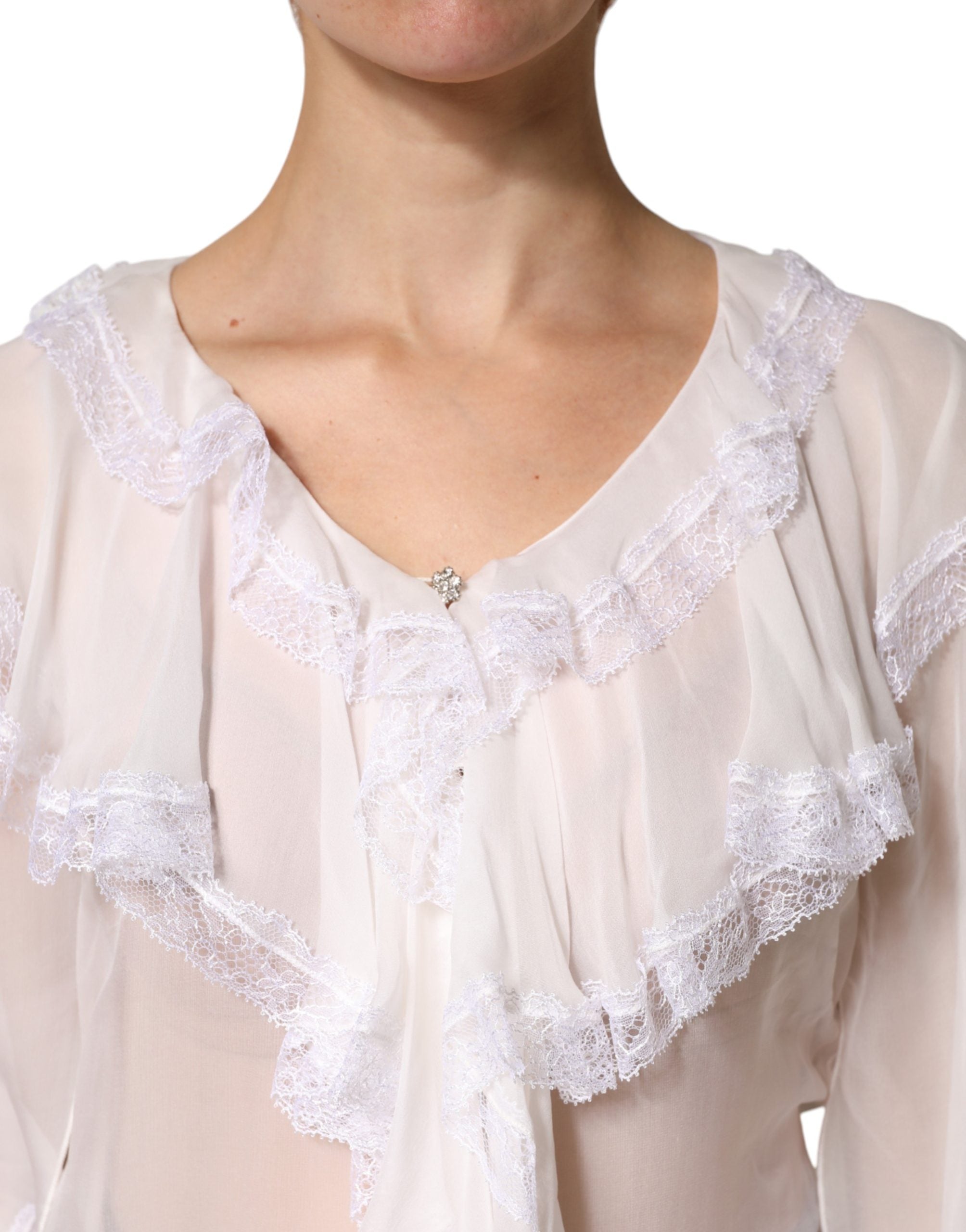 Dolce & Gabbana White LongSleeve Lace Trim Ruffled Blouse Women's Top