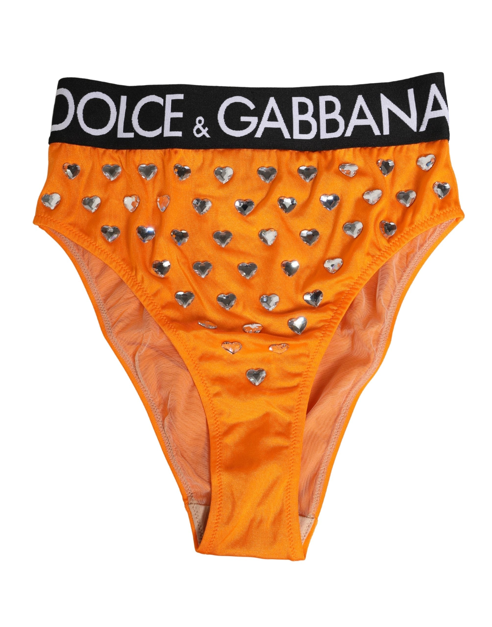 Dolce & Gabbana Orange Crystal High Waist Brief Panty Women's Underwear