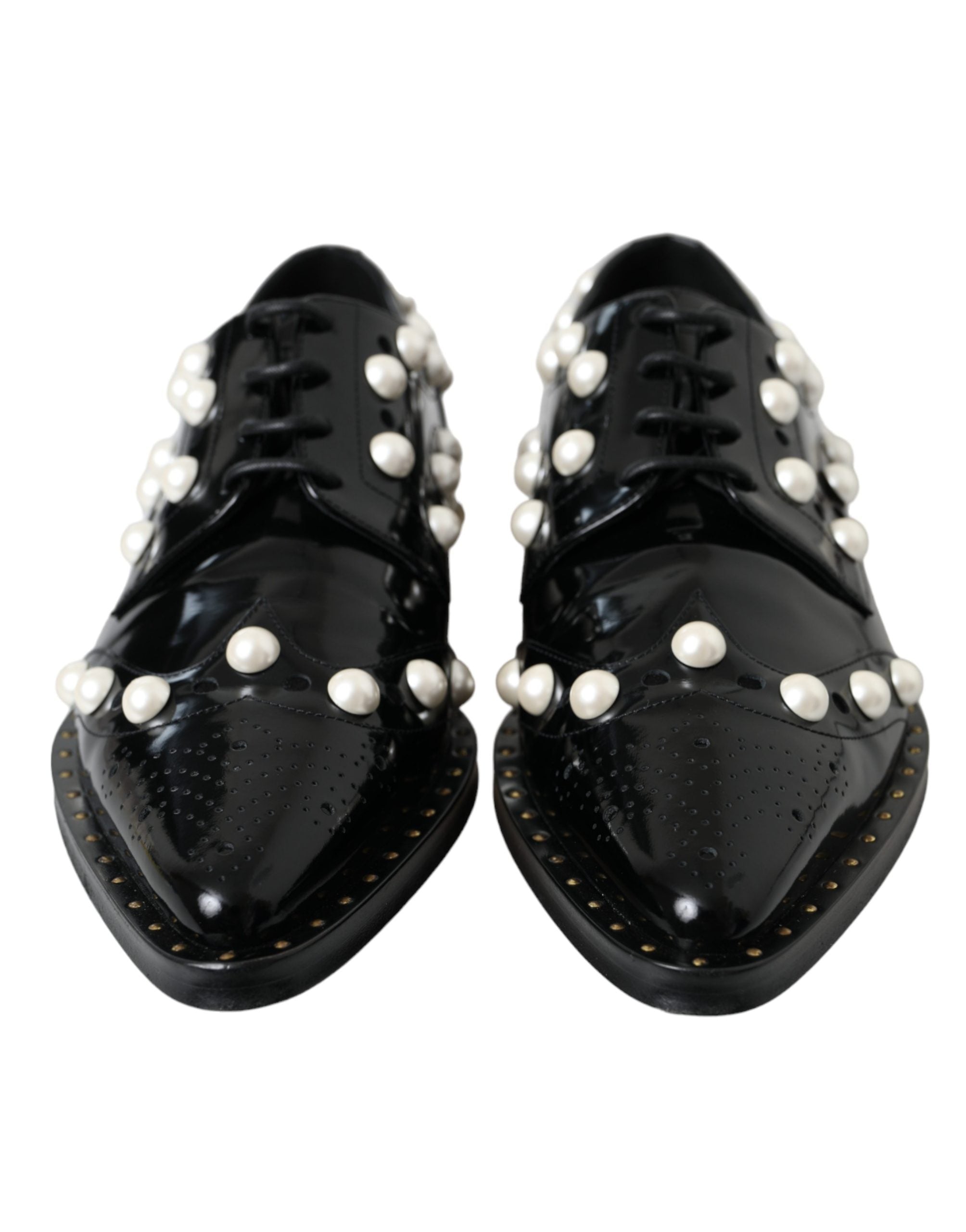 Dolce & Gabbana Black Leather Faux Pearl Dress Brogue Women's Shoes
