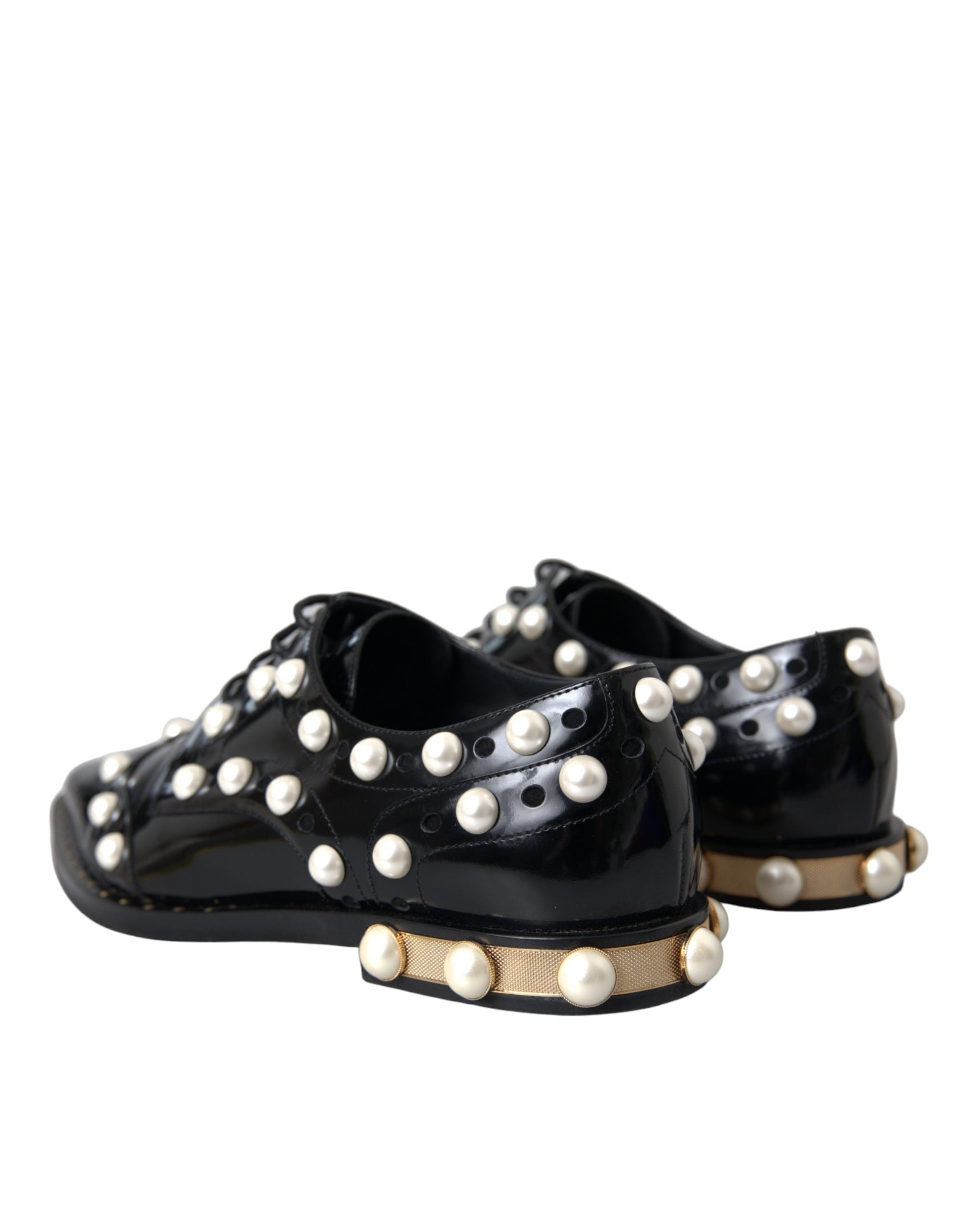 Dolce & Gabbana Black Leather Faux Pearl Dress Brogue Women's Shoes