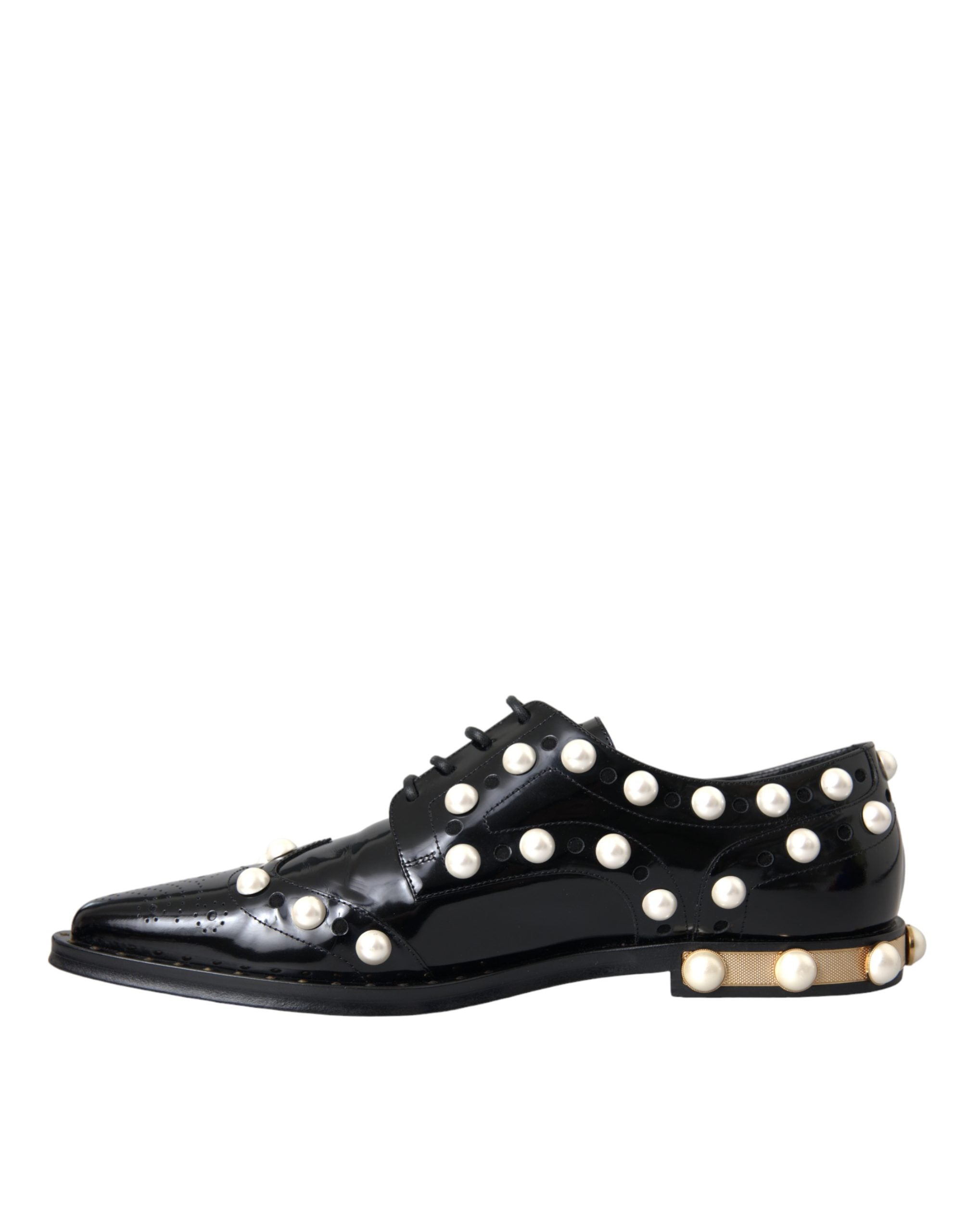 Dolce & Gabbana Black Leather Faux Pearl Dress Brogue Women's Shoes