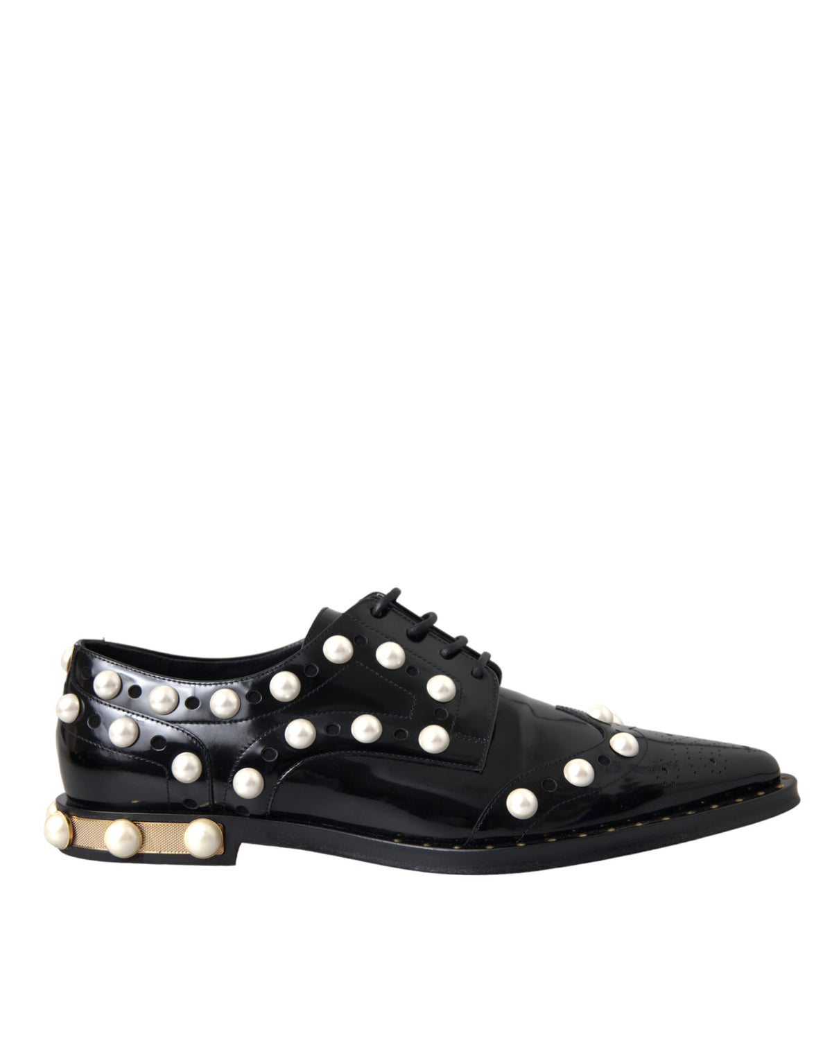 Dolce & Gabbana Black Leather Faux Pearl Dress Brogue Women's Shoes