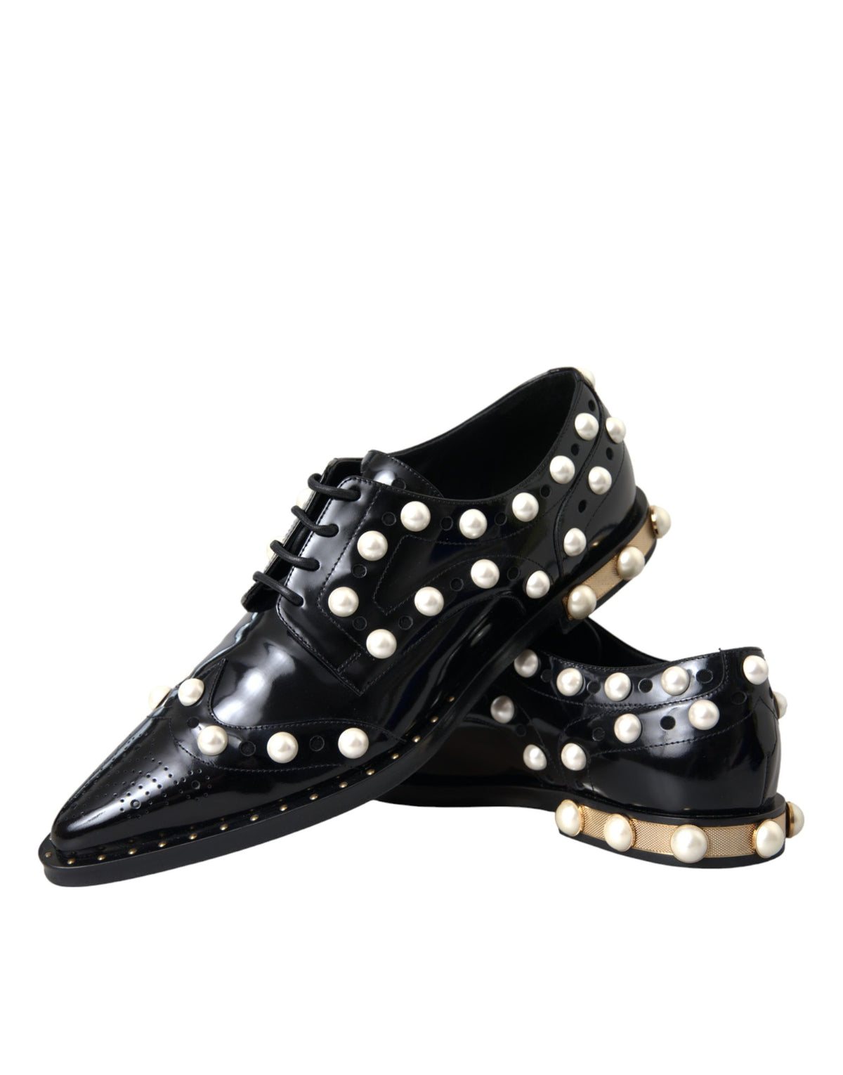 Dolce & Gabbana Black Leather Faux Pearl Dress Brogue Women's Shoes