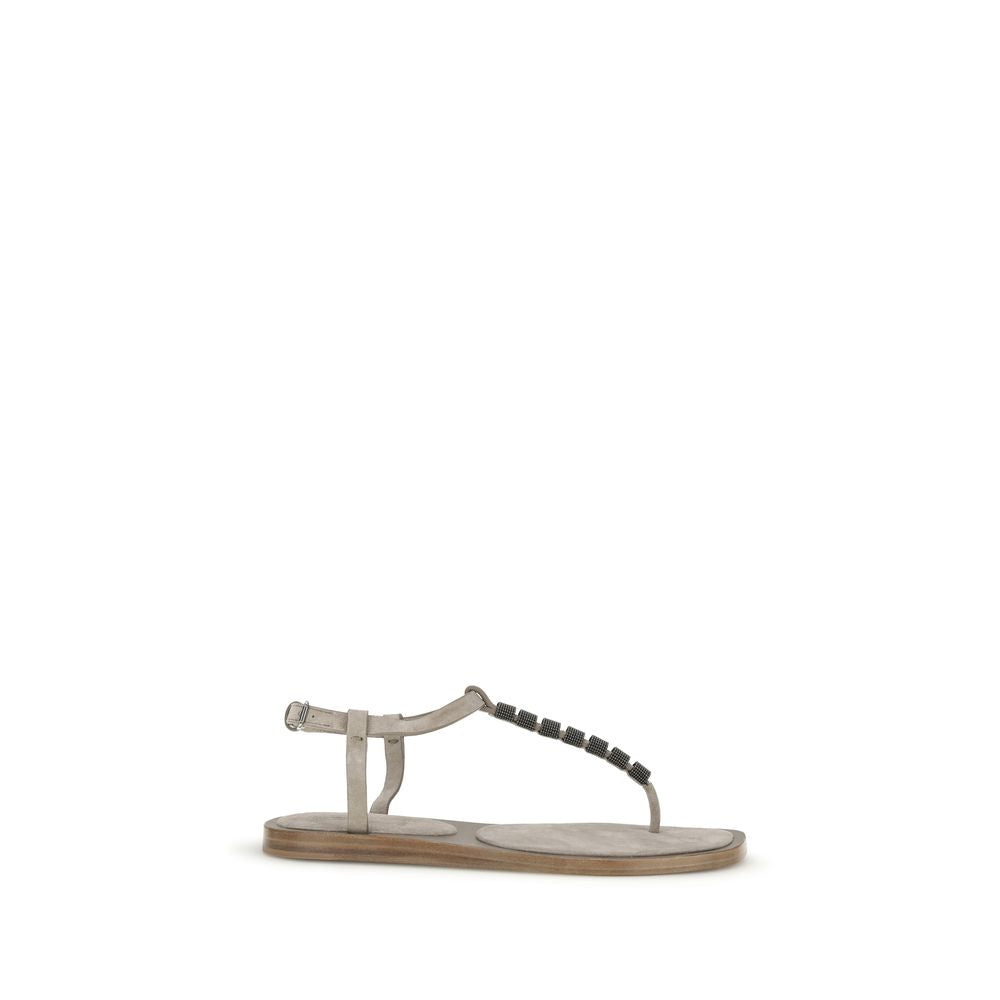 Brunello Cucinelli Beige Calf Leather Bos Taurus Flat Women's Sandals