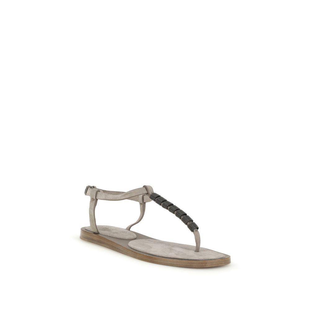 Brunello Cucinelli Beige Calf Leather Bos Taurus Flat Women's Sandals