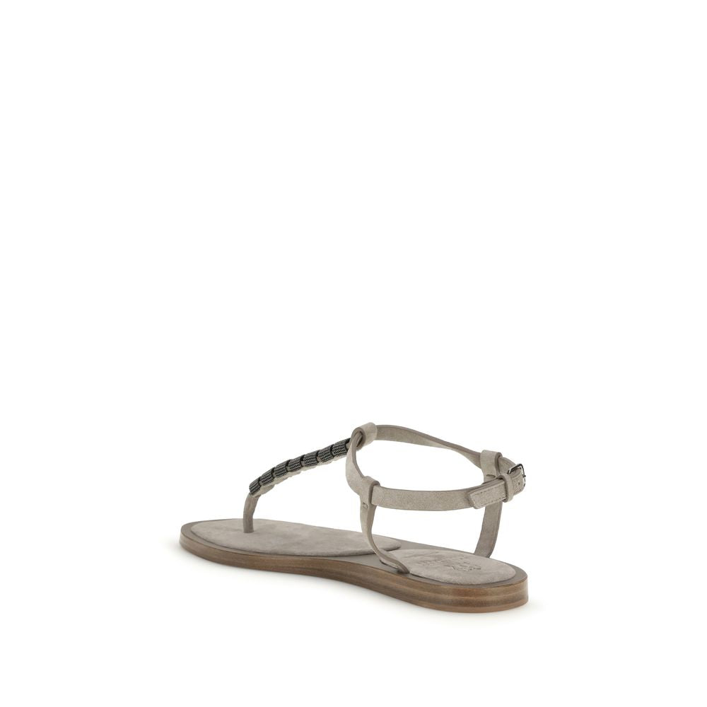 Brunello Cucinelli Beige Calf Leather Bos Taurus Flat Women's Sandals