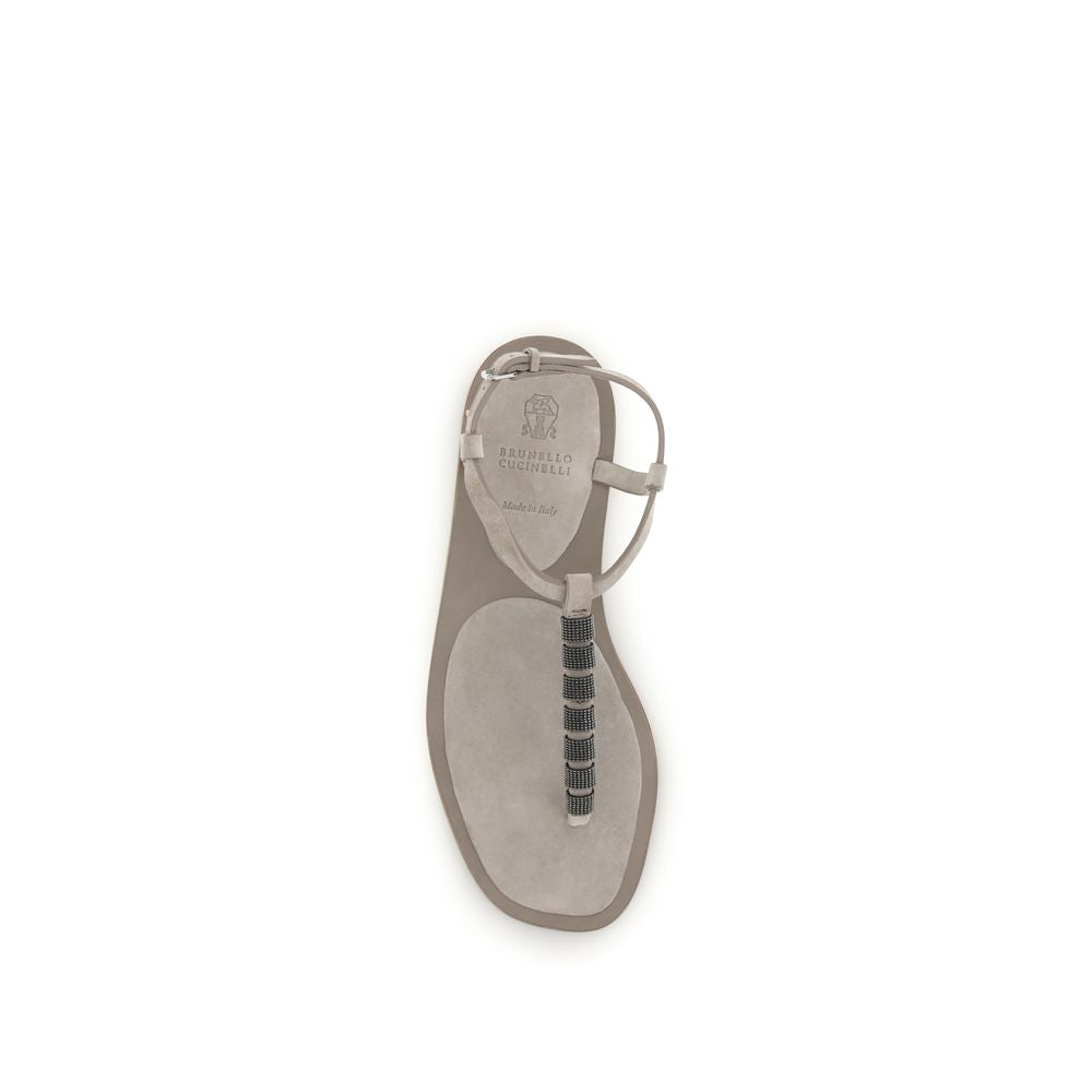 Brunello Cucinelli Beige Calf Leather Bos Taurus Flat Women's Sandals