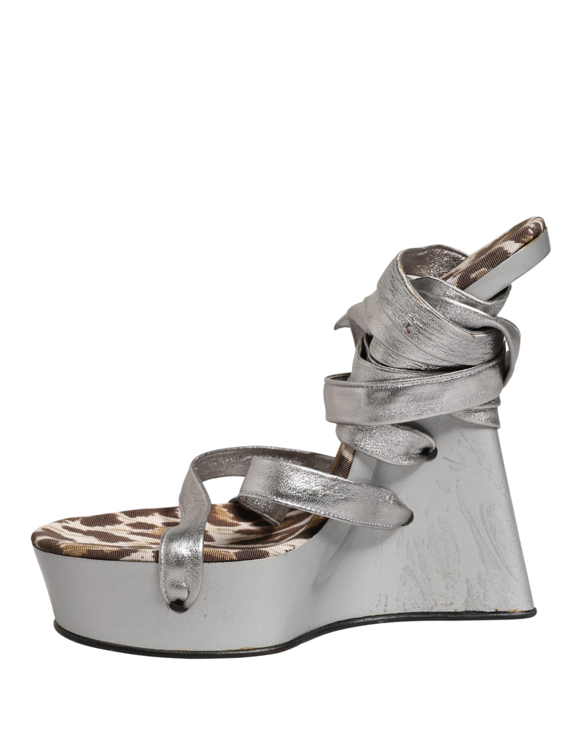 Dolce & Gabbana Silver Leather Platform Wedge Sandals Women's Shoes (Pre-Owned)
