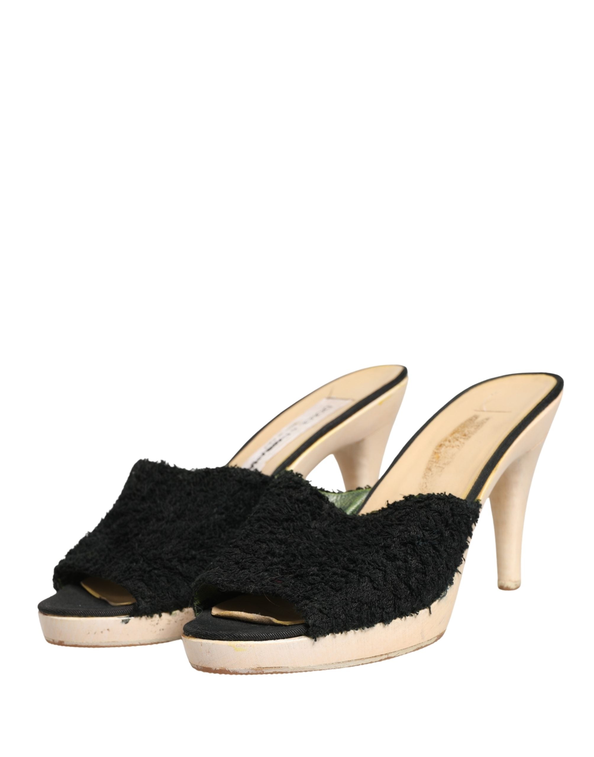 Dolce & Gabbana Black Fabric Fur Mule Wood Platform Heel Women's Shoes (Pre-Owned)