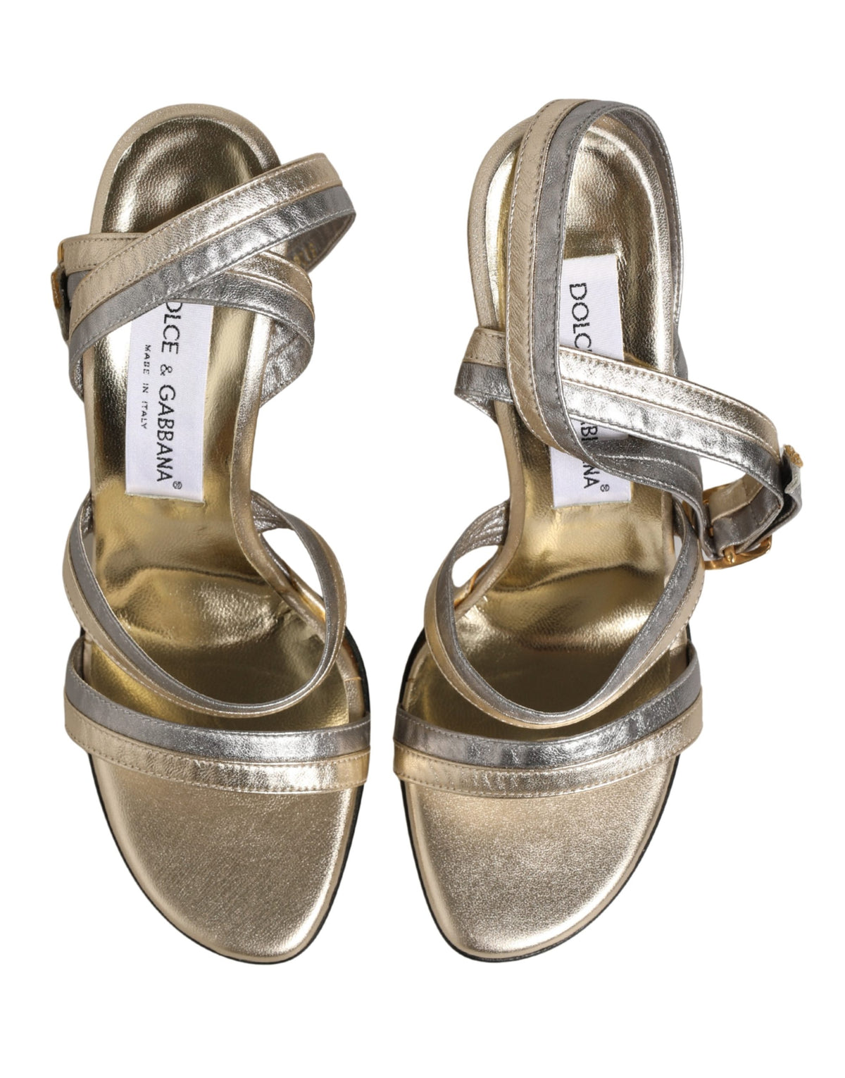Dolce & Gabbana Gold Silver Leather Wedge Heels Sandals Women's Shoes