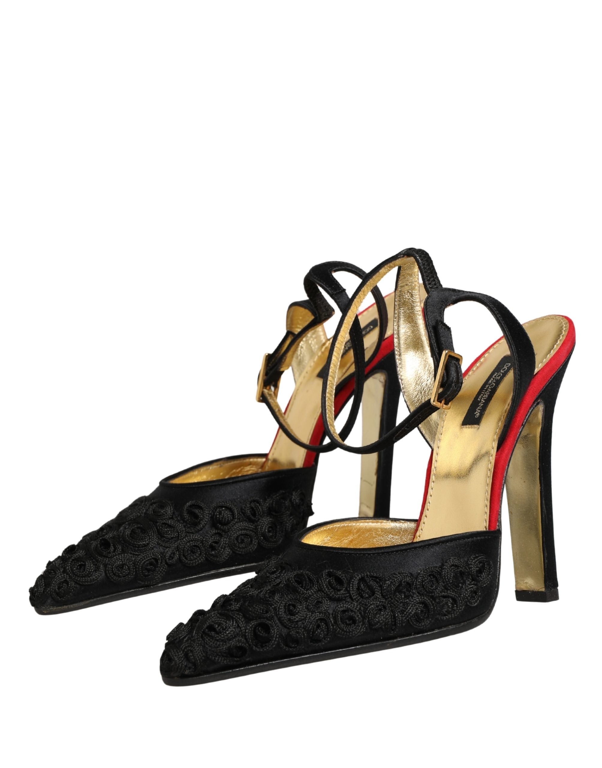 Dolce & Gabbana Black Satin Floral Ankle Strap Sandals Women's Shoes (Pre-Owned)
