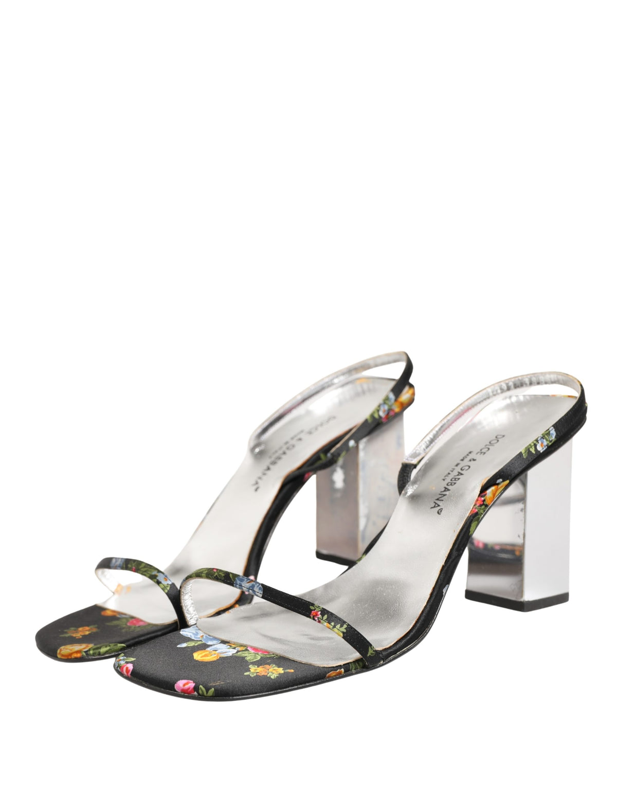 Dolce & Gabbana Black Silver Floral Block Heels Sandals Women's Shoes (Pre-Owned)
