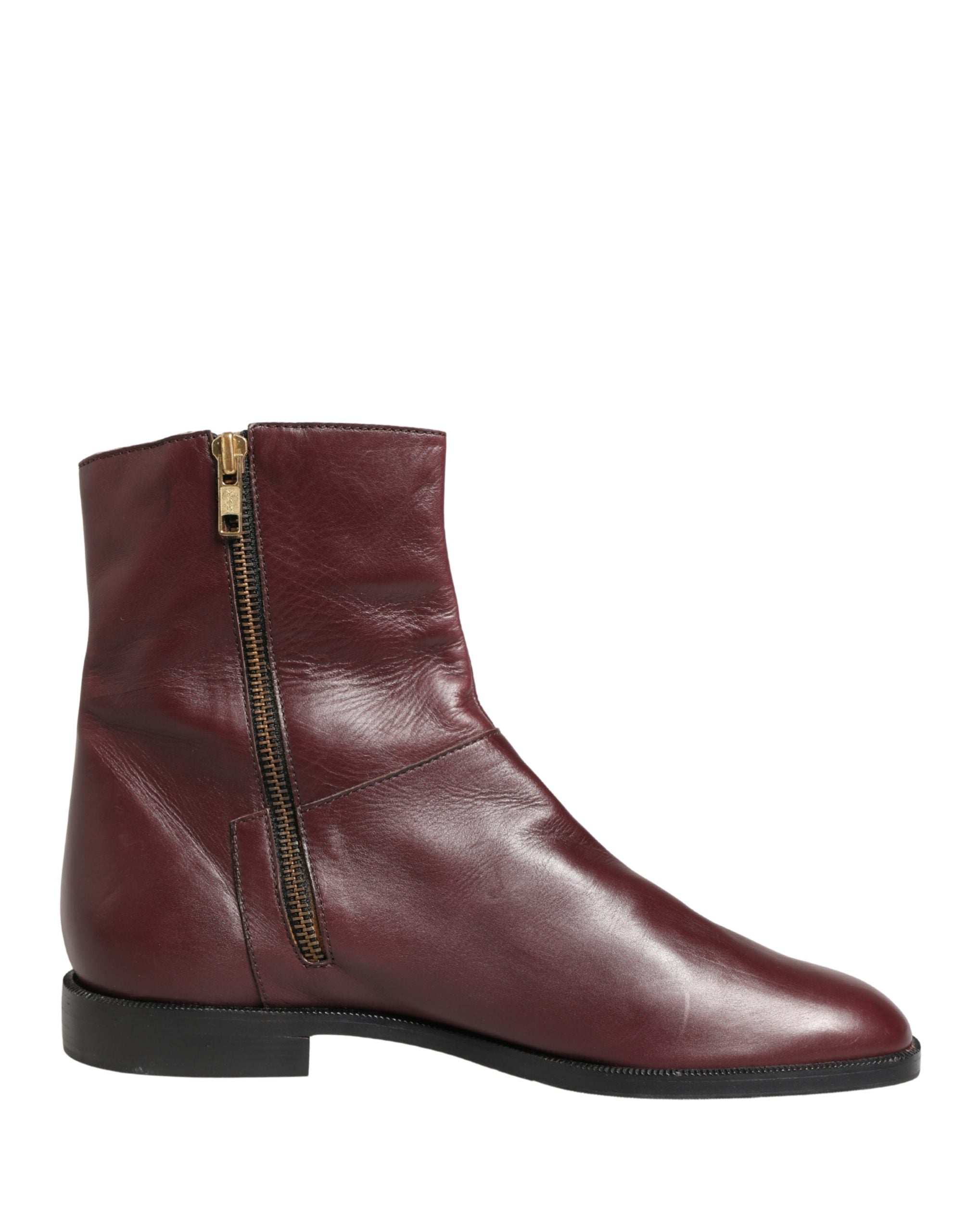 Dolce & Gabbana Maroon Leather Flats Biker Ankle Boots Women's Shoes
