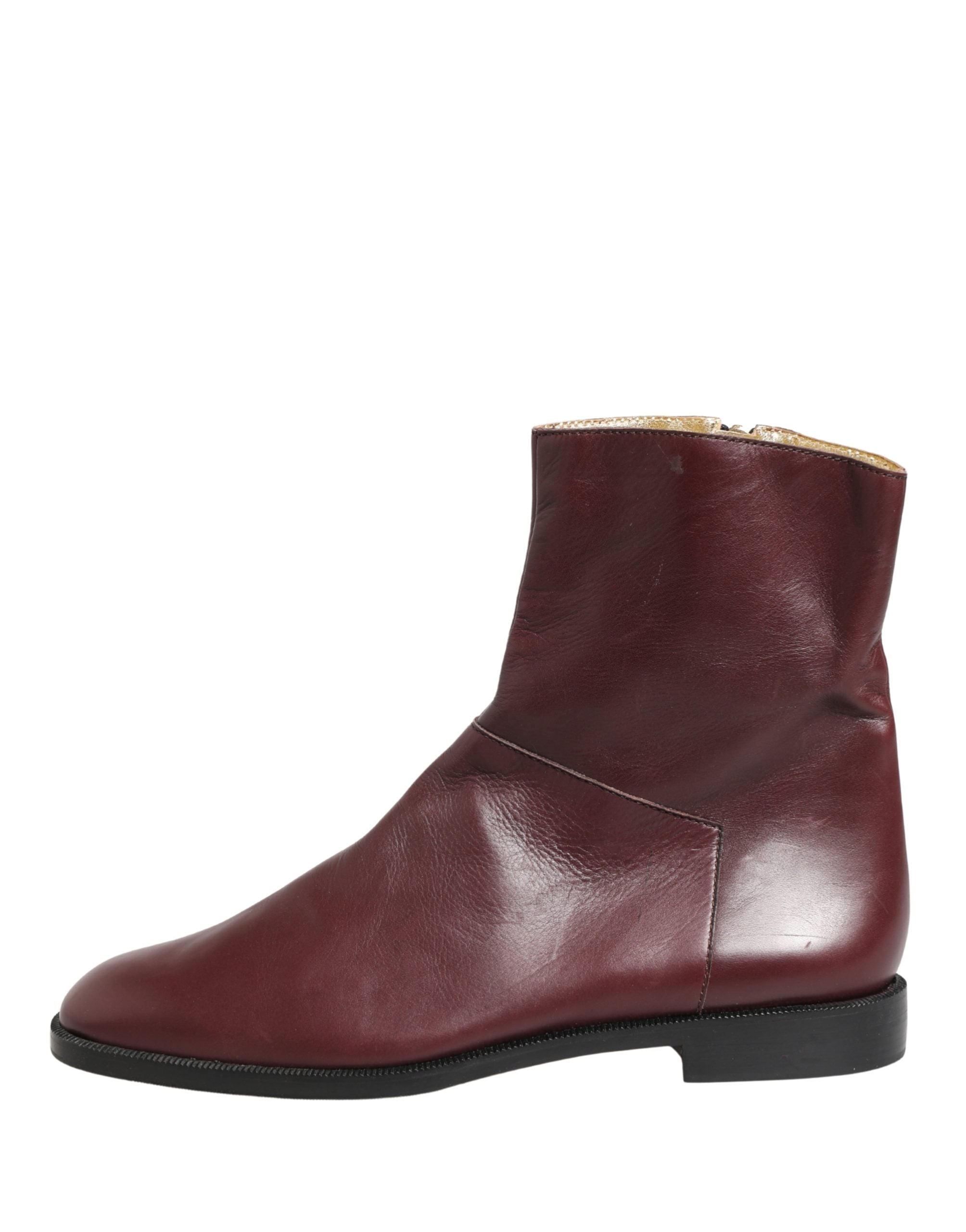 Dolce & Gabbana Maroon Leather Flats Biker Ankle Boots Women's Shoes