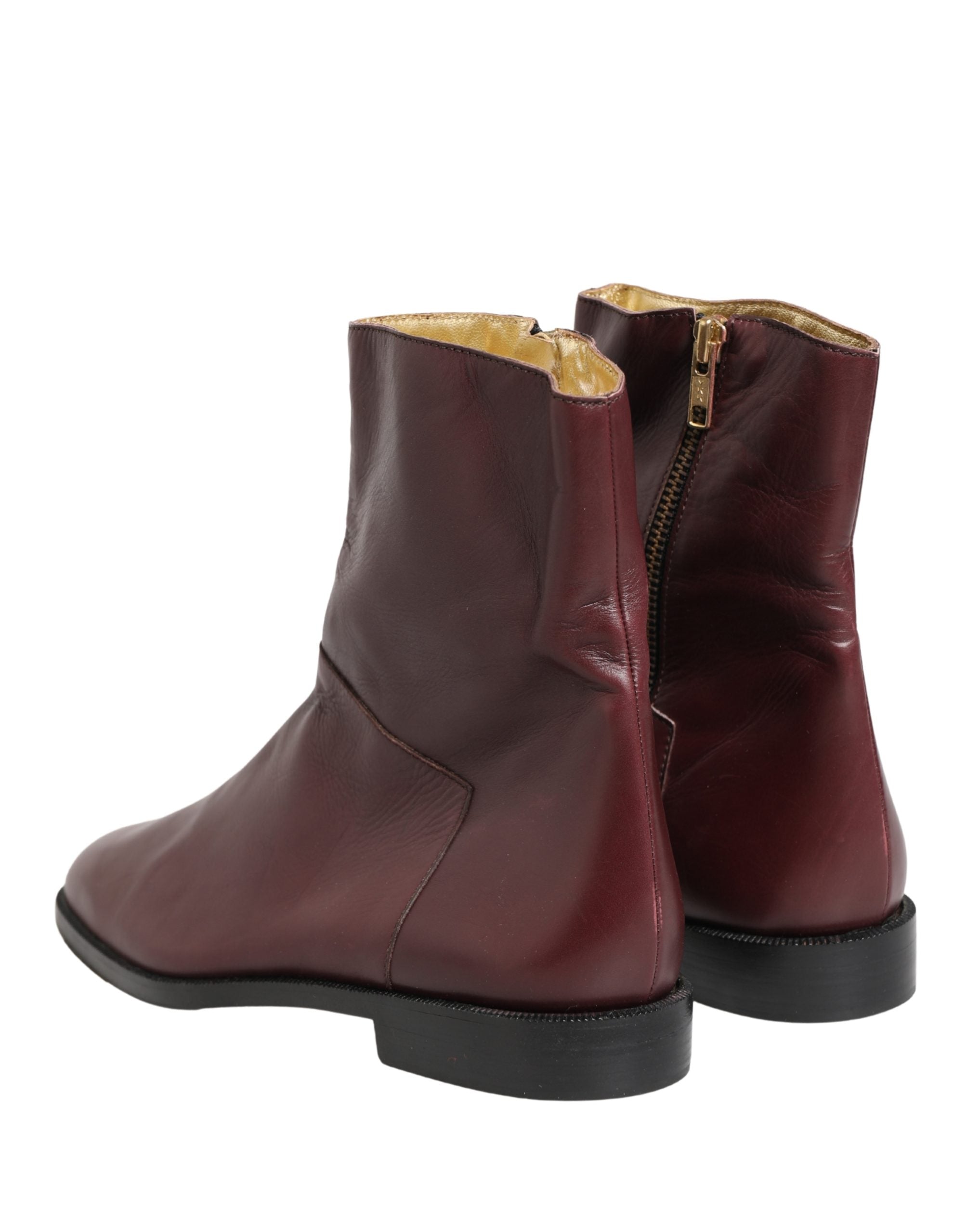 Dolce & Gabbana Maroon Leather Flats Biker Ankle Boots Women's Shoes