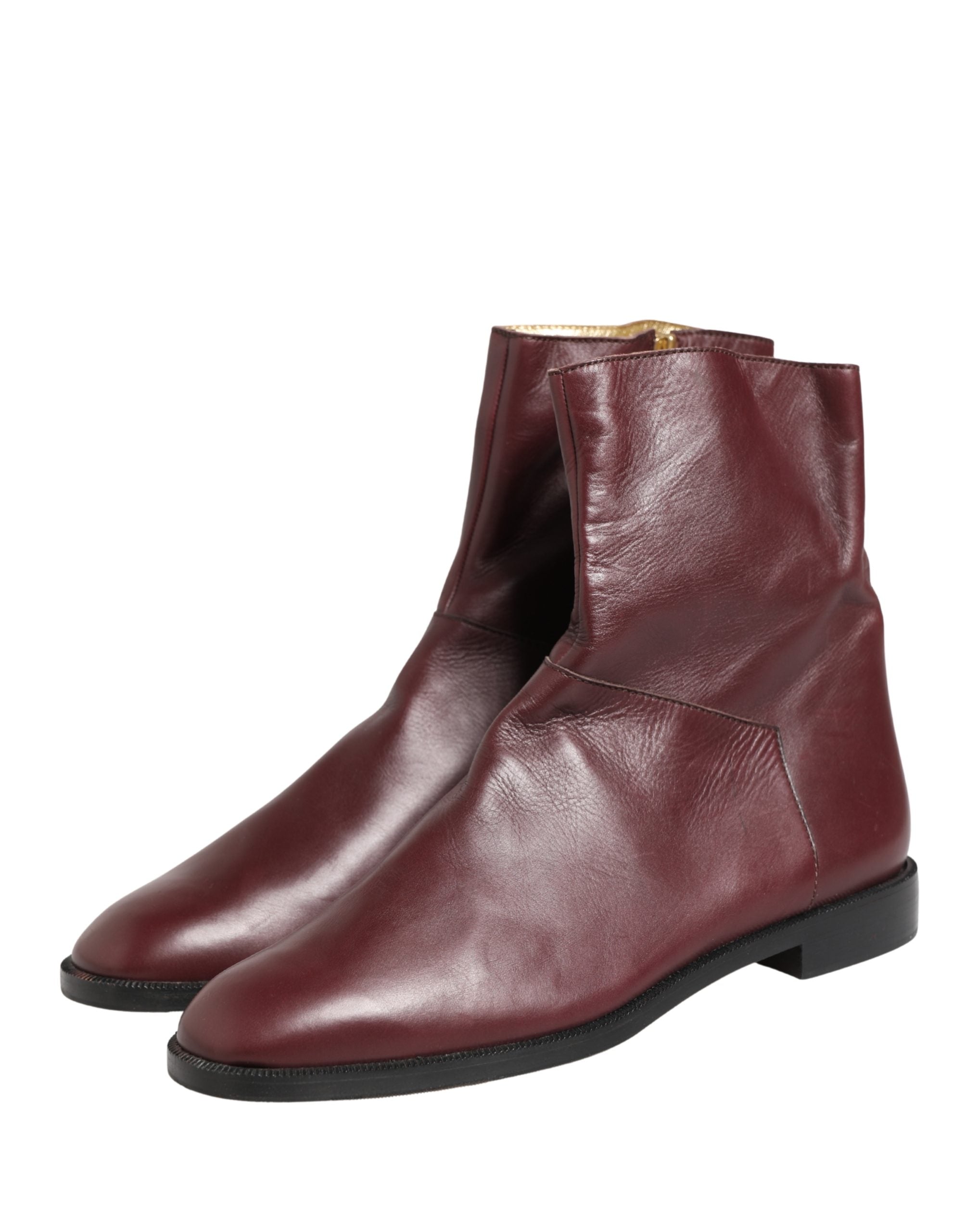 Dolce & Gabbana Maroon Leather Flats Biker Ankle Boots Women's Shoes