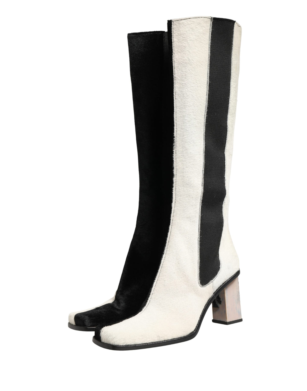 Dolce & Gabbana White Black Leather Knee High Boots Women's Shoes (Pre-Owned)